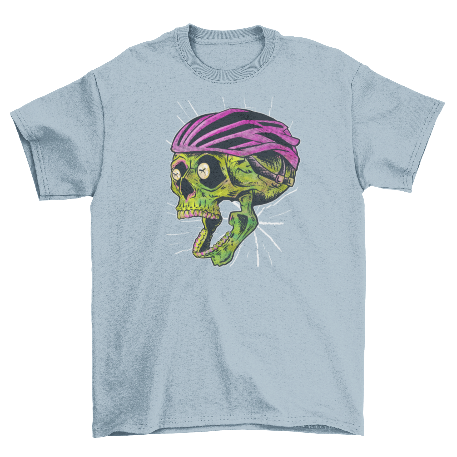 A green skull wearing a bicycle helmet on a t-shirt, showcasing a unique and edgy design for cycling enthusiasts.