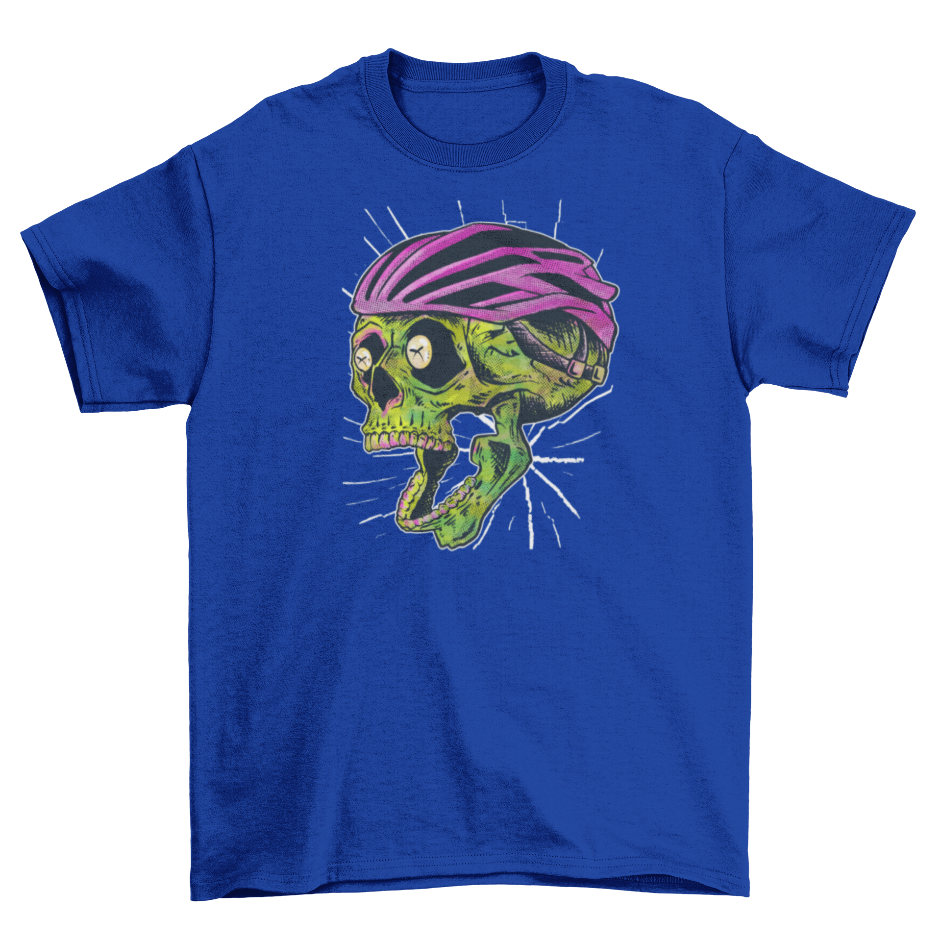 A green skull wearing a bicycle helmet on a t-shirt, showcasing a unique and edgy design for cycling enthusiasts.