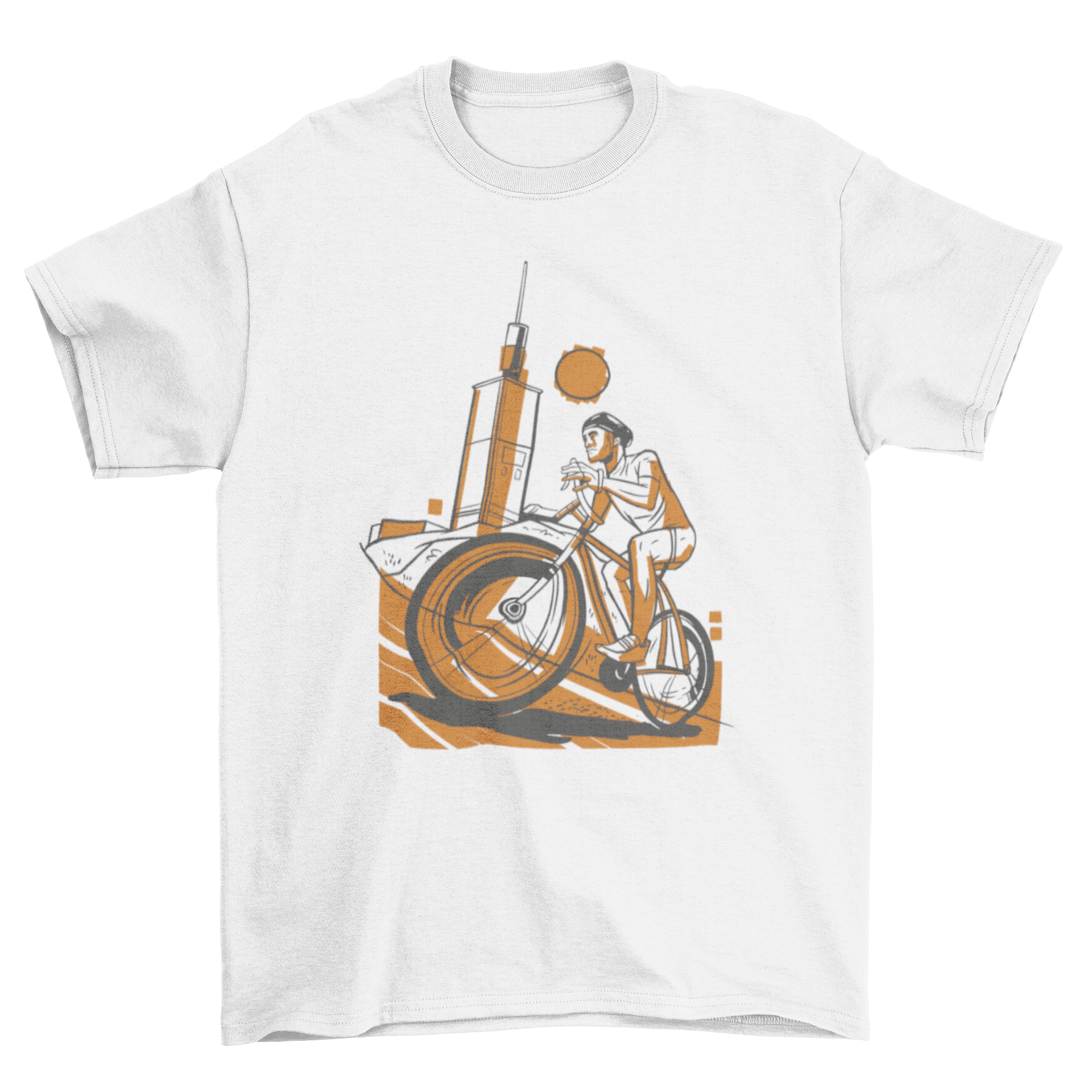 A stylish sports t-shirt featuring a cyclist riding on a cycling track, perfect for athletic wear.