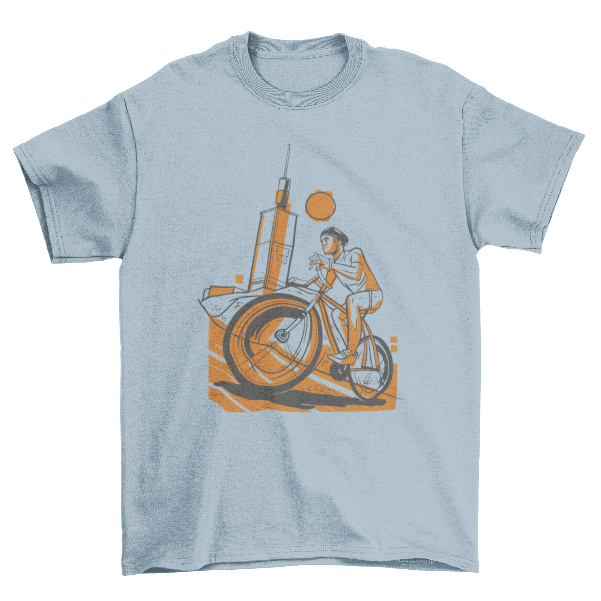 A stylish sports t-shirt featuring a cyclist riding on a cycling track, perfect for athletic wear.