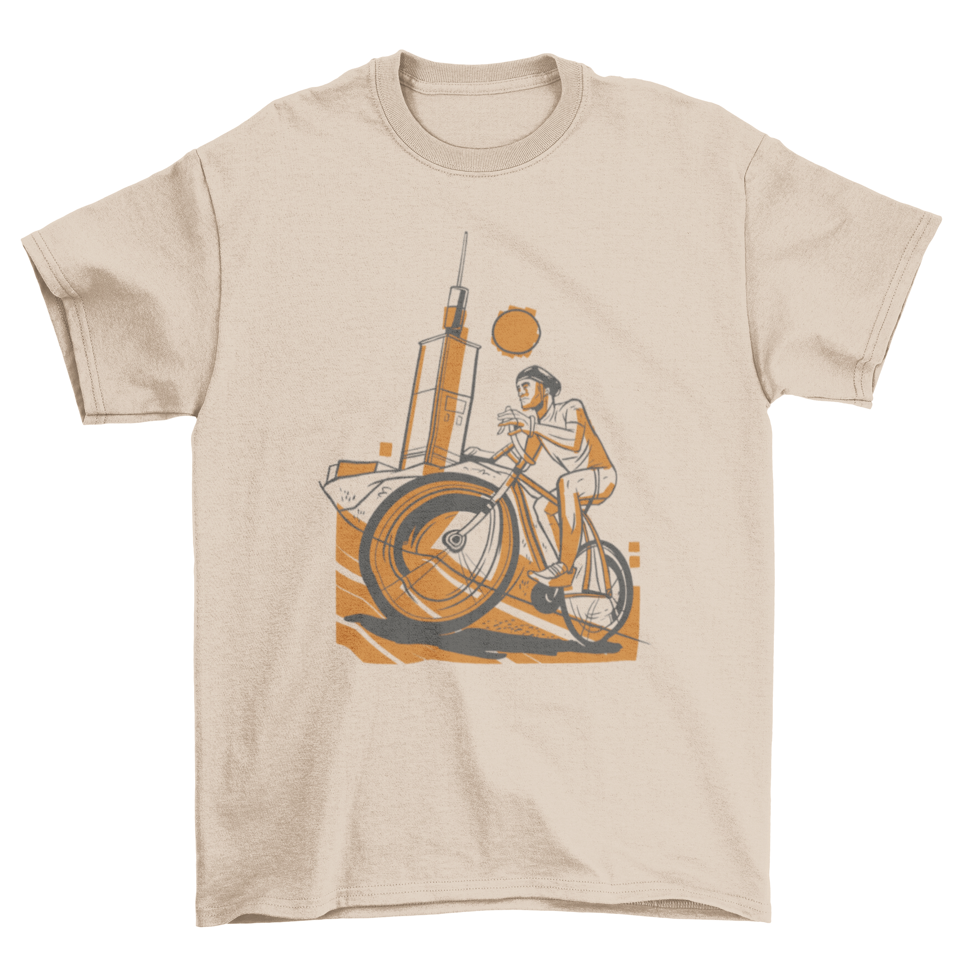 A stylish sports t-shirt featuring a cyclist riding on a cycling track, perfect for athletic wear.