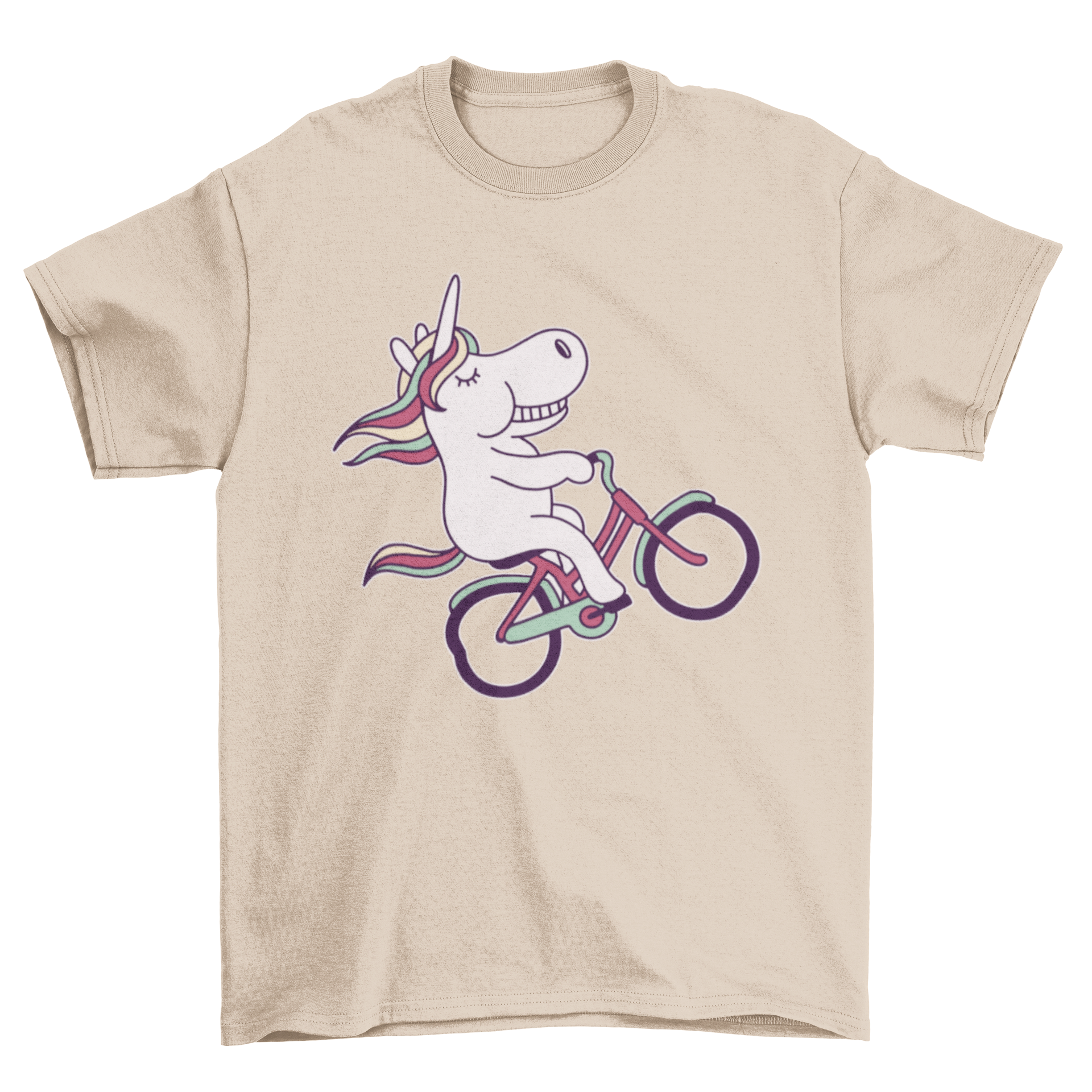 A colorful t-shirt featuring a whimsical unicorn riding a bicycle, perfect for cycling enthusiasts and unicorn lovers.