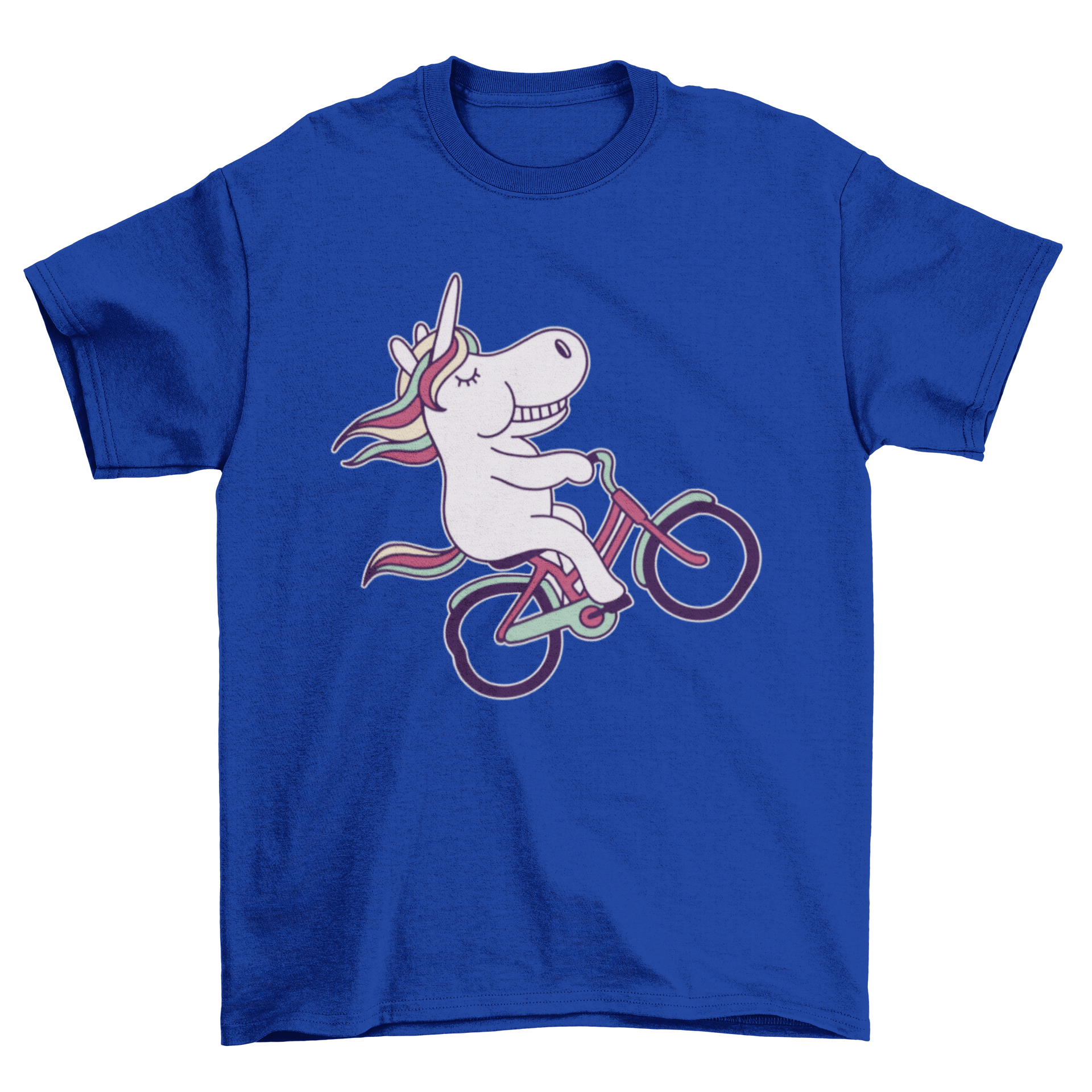 A colorful t-shirt featuring a whimsical unicorn riding a bicycle, perfect for cycling enthusiasts and unicorn lovers.