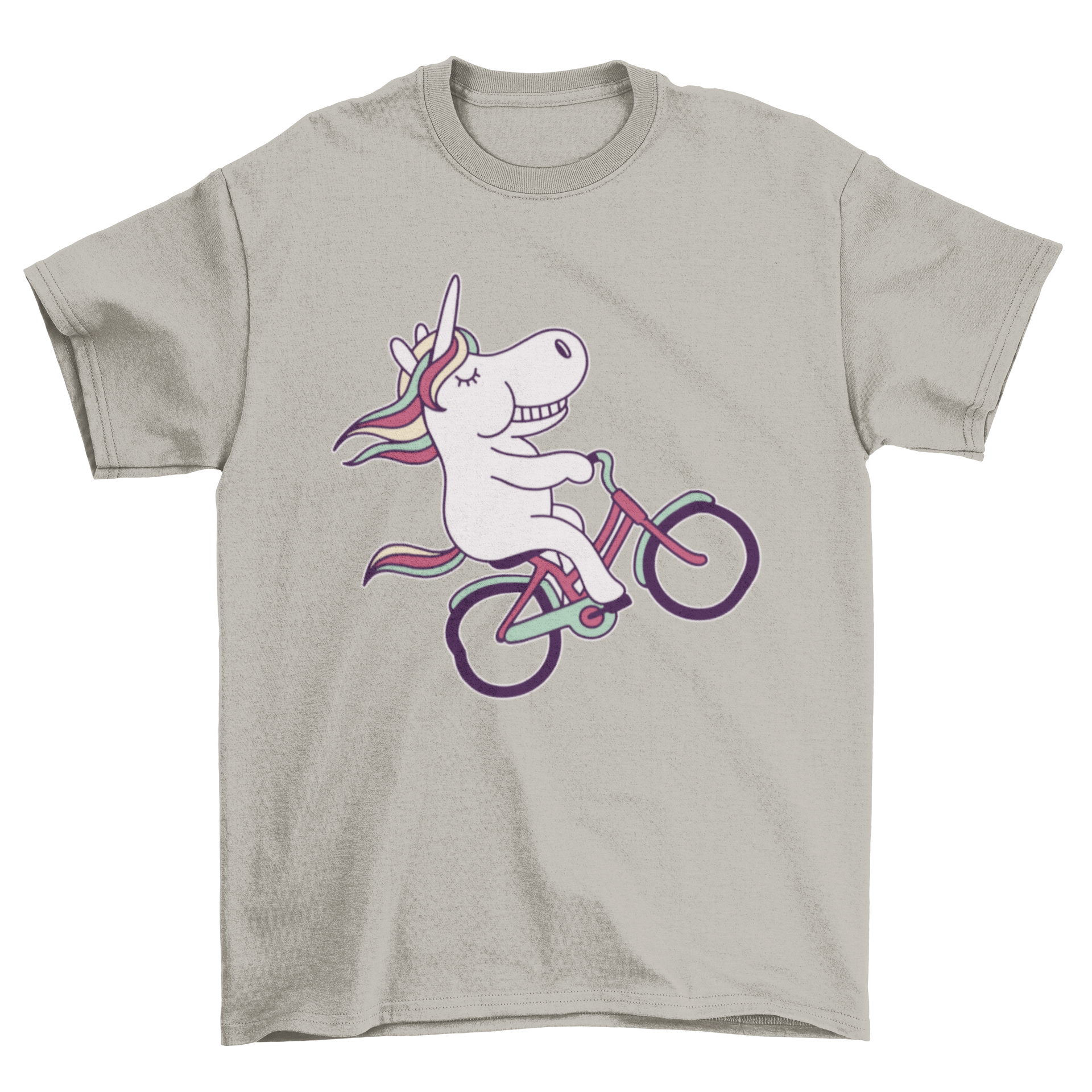 A colorful t-shirt featuring a whimsical unicorn riding a bicycle, perfect for cycling enthusiasts and unicorn lovers.