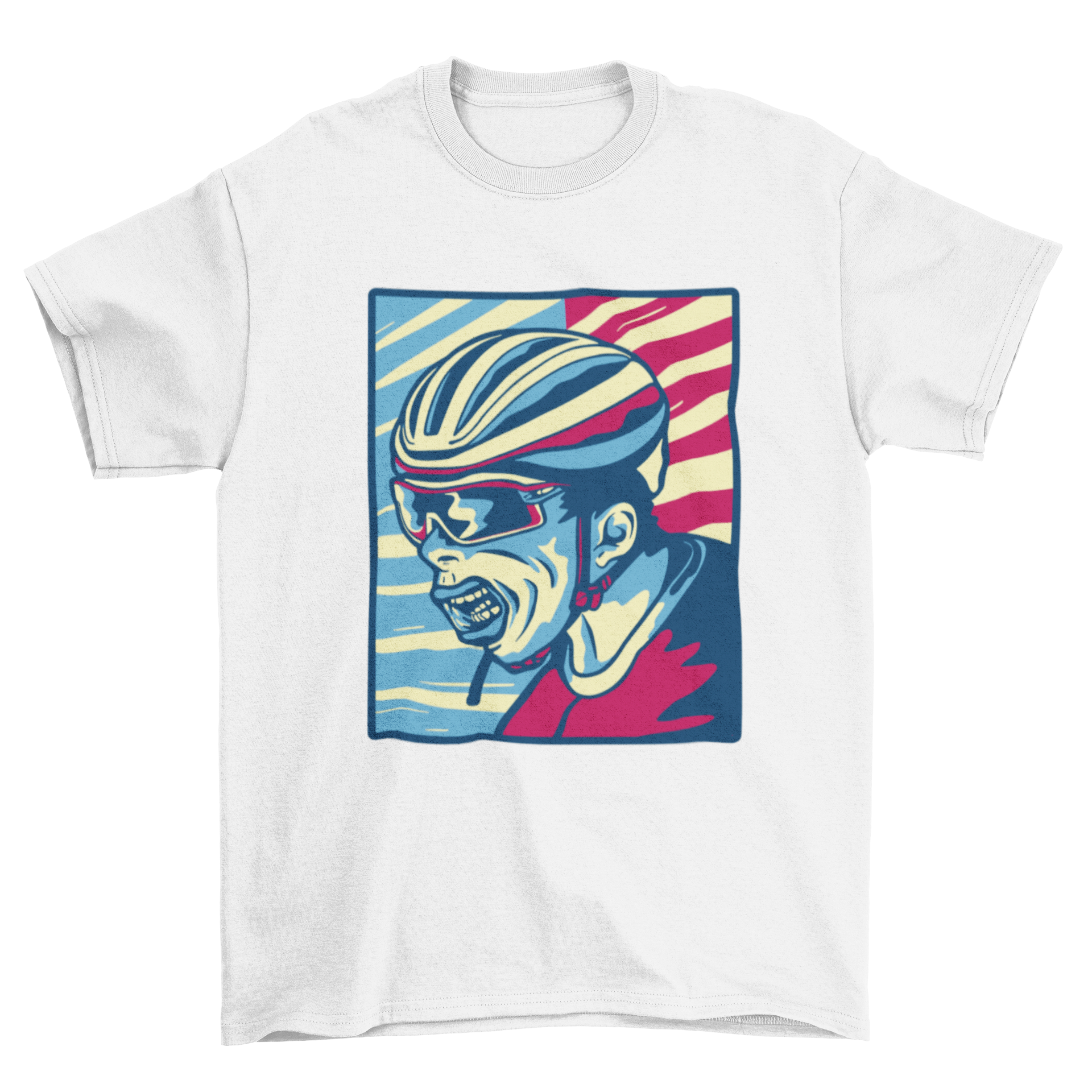 A stylish t-shirt featuring a vibrant graphic of a cyclist wearing a helmet and glasses, perfect for cycling enthusiasts.