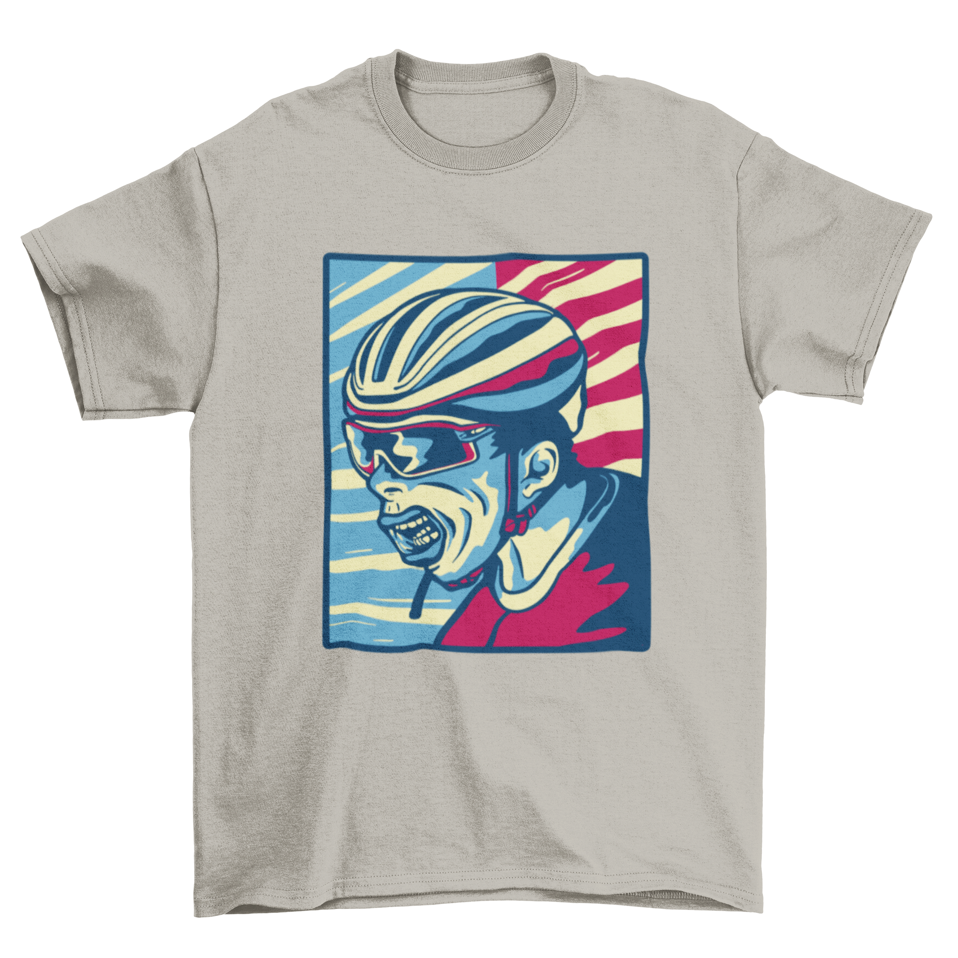 A stylish t-shirt featuring a vibrant graphic of a cyclist wearing a helmet and glasses, perfect for cycling enthusiasts.