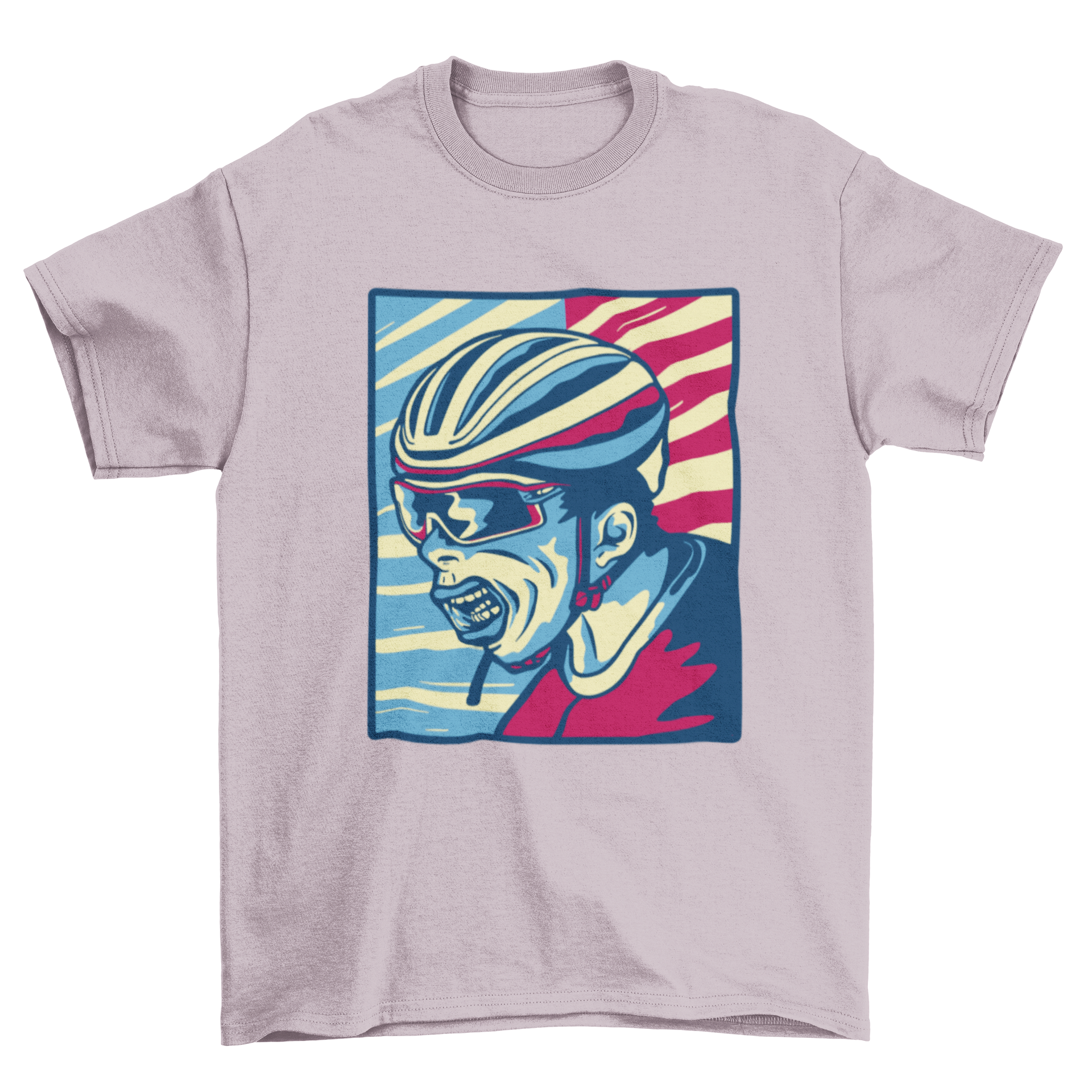 A stylish t-shirt featuring a vibrant graphic of a cyclist wearing a helmet and glasses, perfect for cycling enthusiasts.