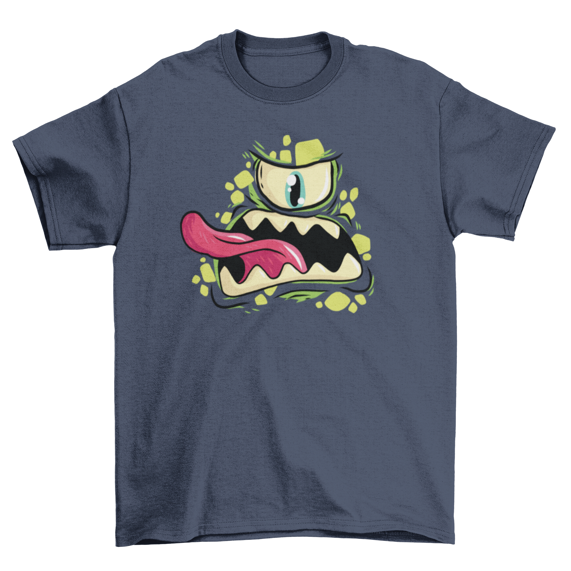 A vibrant green t-shirt featuring a cartoon Cyclops monster with sharp teeth and an open mouth, showcasing its playful design.