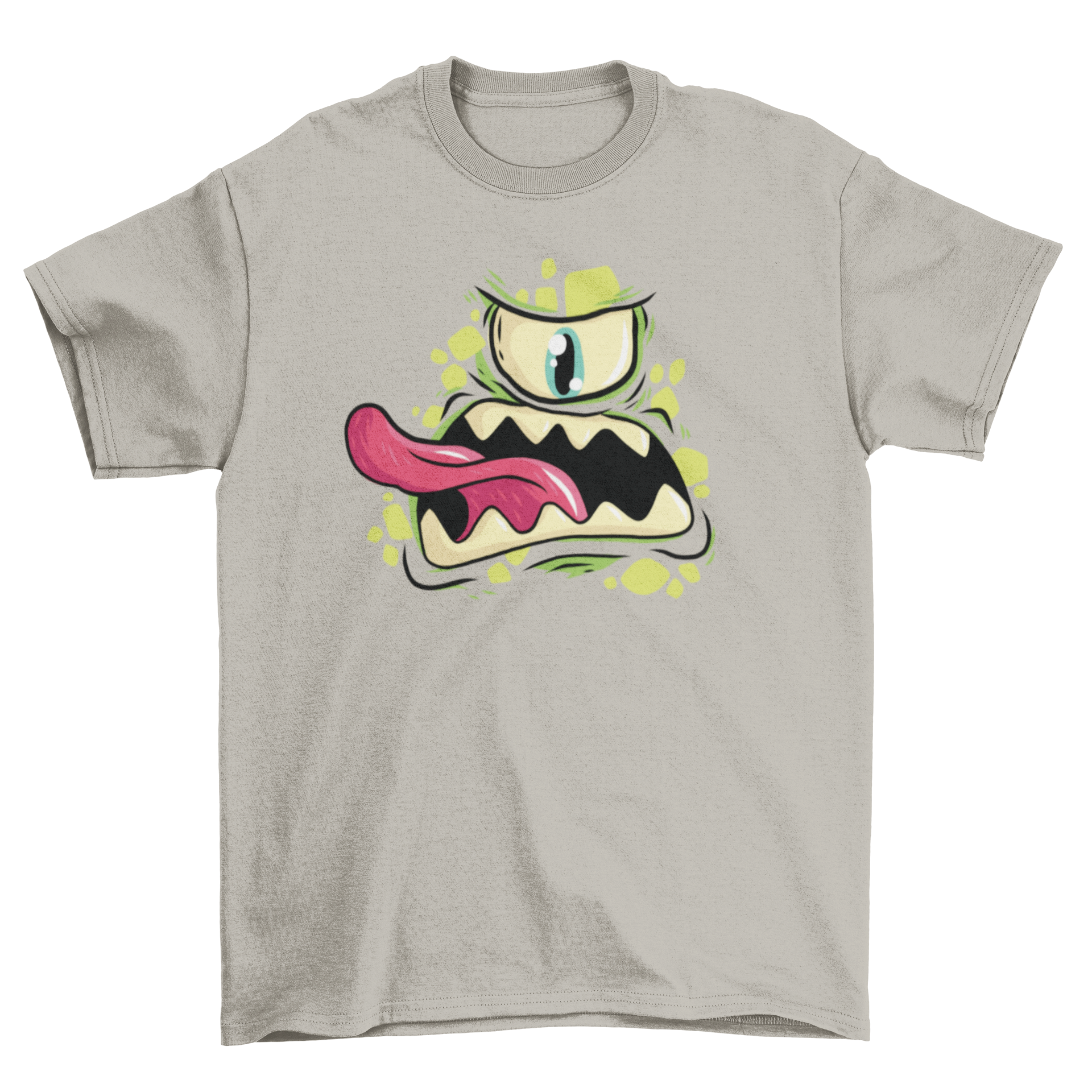 A vibrant green t-shirt featuring a cartoon Cyclops monster with sharp teeth and an open mouth, showcasing its playful design.