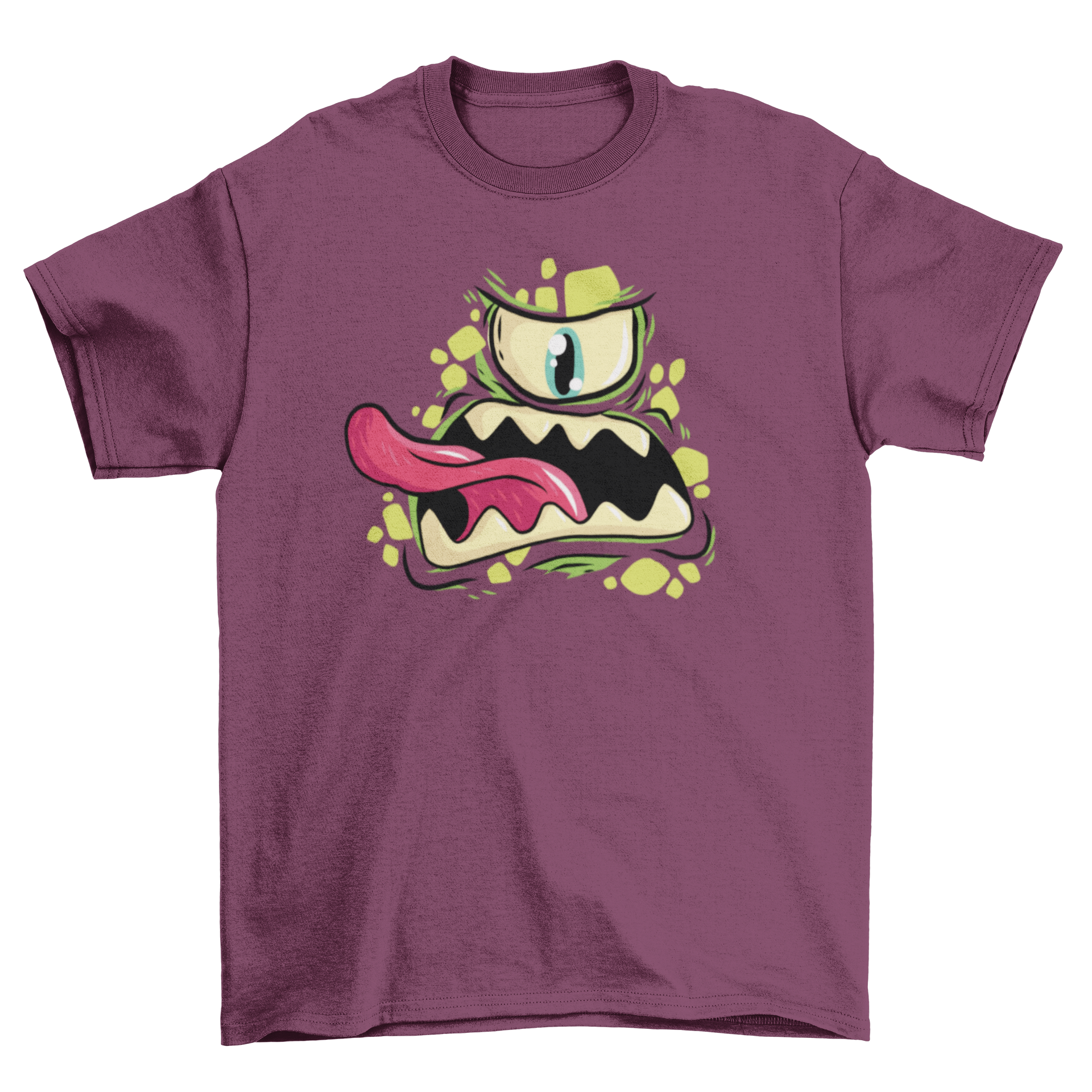 A vibrant green t-shirt featuring a cartoon Cyclops monster with sharp teeth and an open mouth, showcasing its playful design.