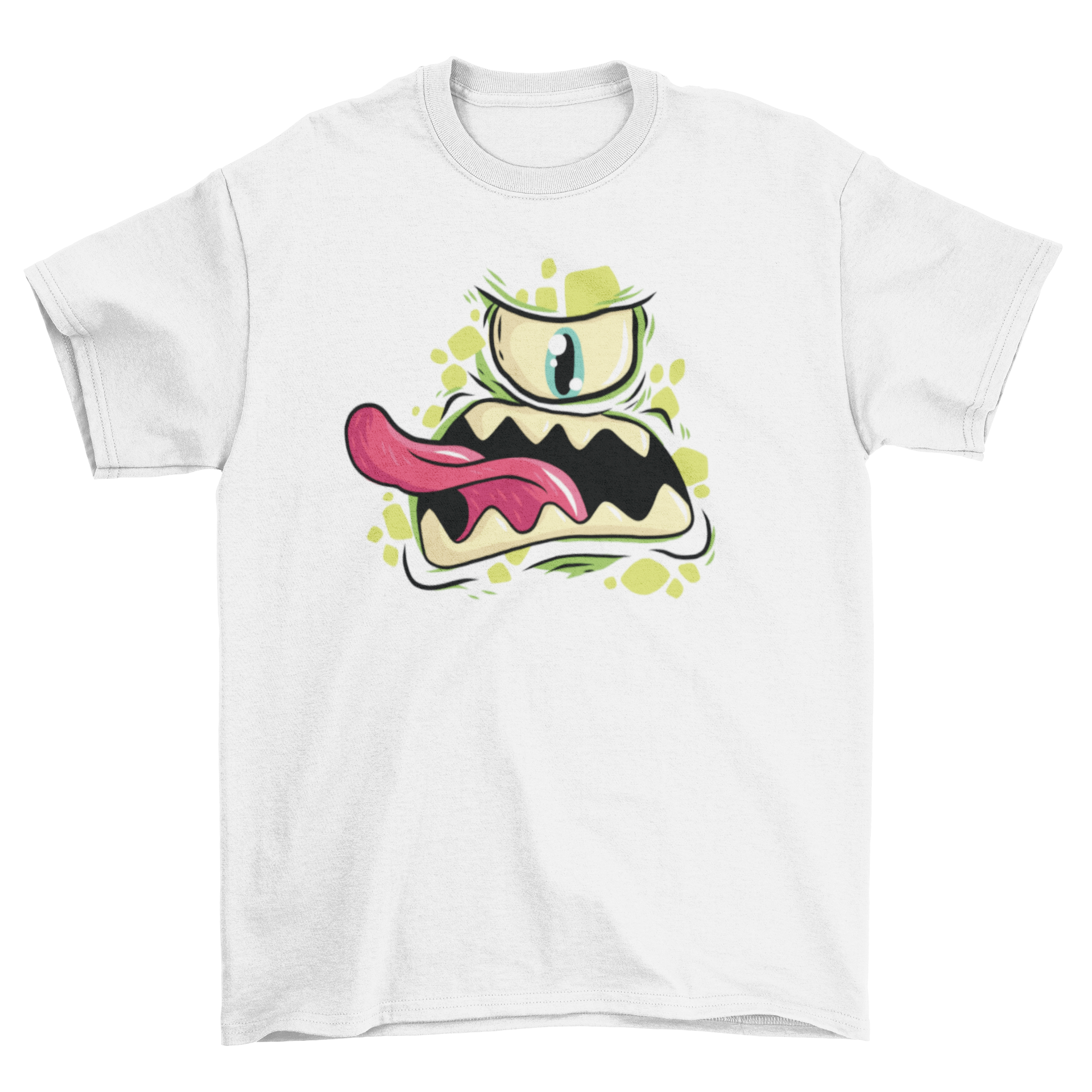 A vibrant green t-shirt featuring a cartoon Cyclops monster with sharp teeth and an open mouth, showcasing its playful design.