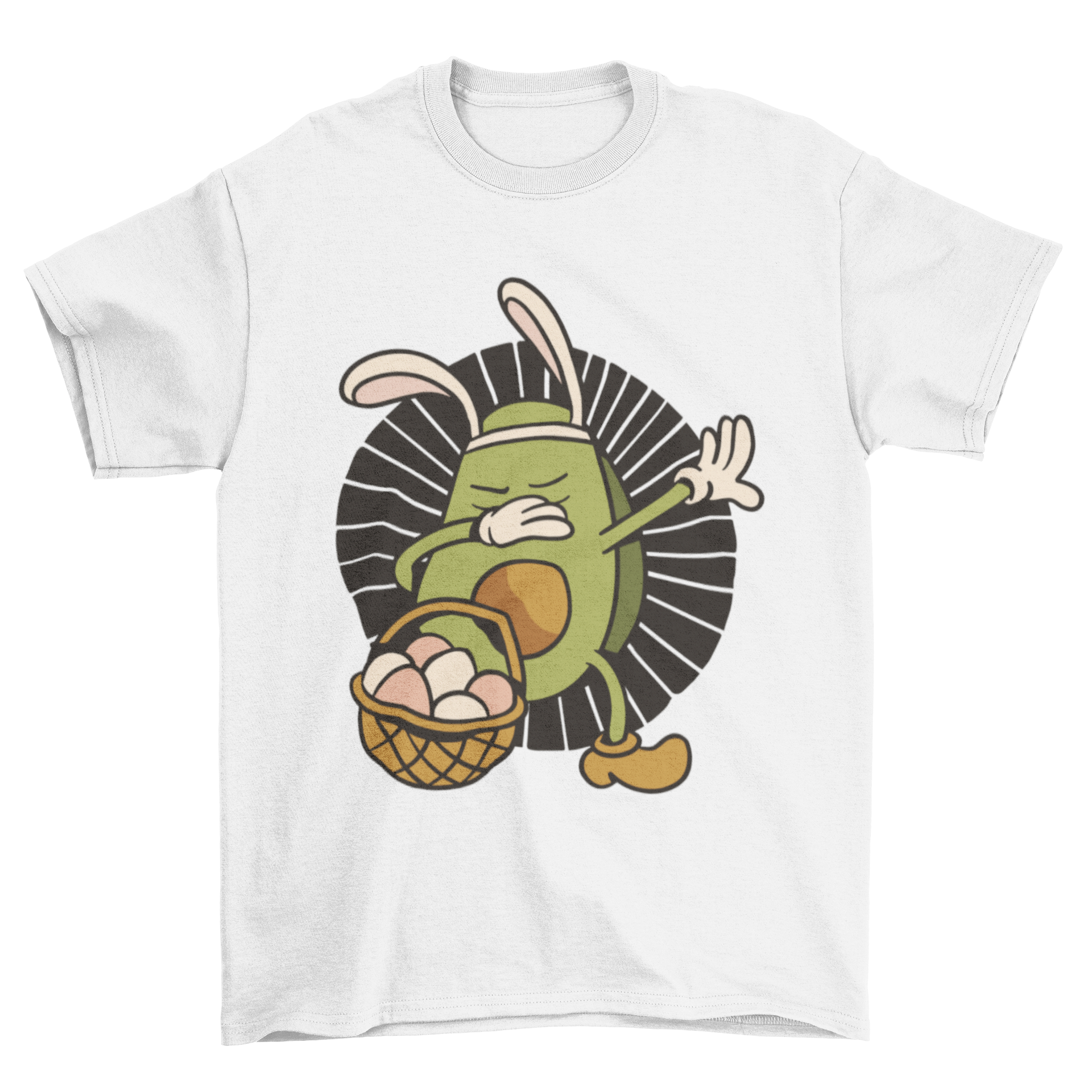 Funny t-shirt featuring a dabbing avocado with bunny ears and a basket of colorful Easter eggs.