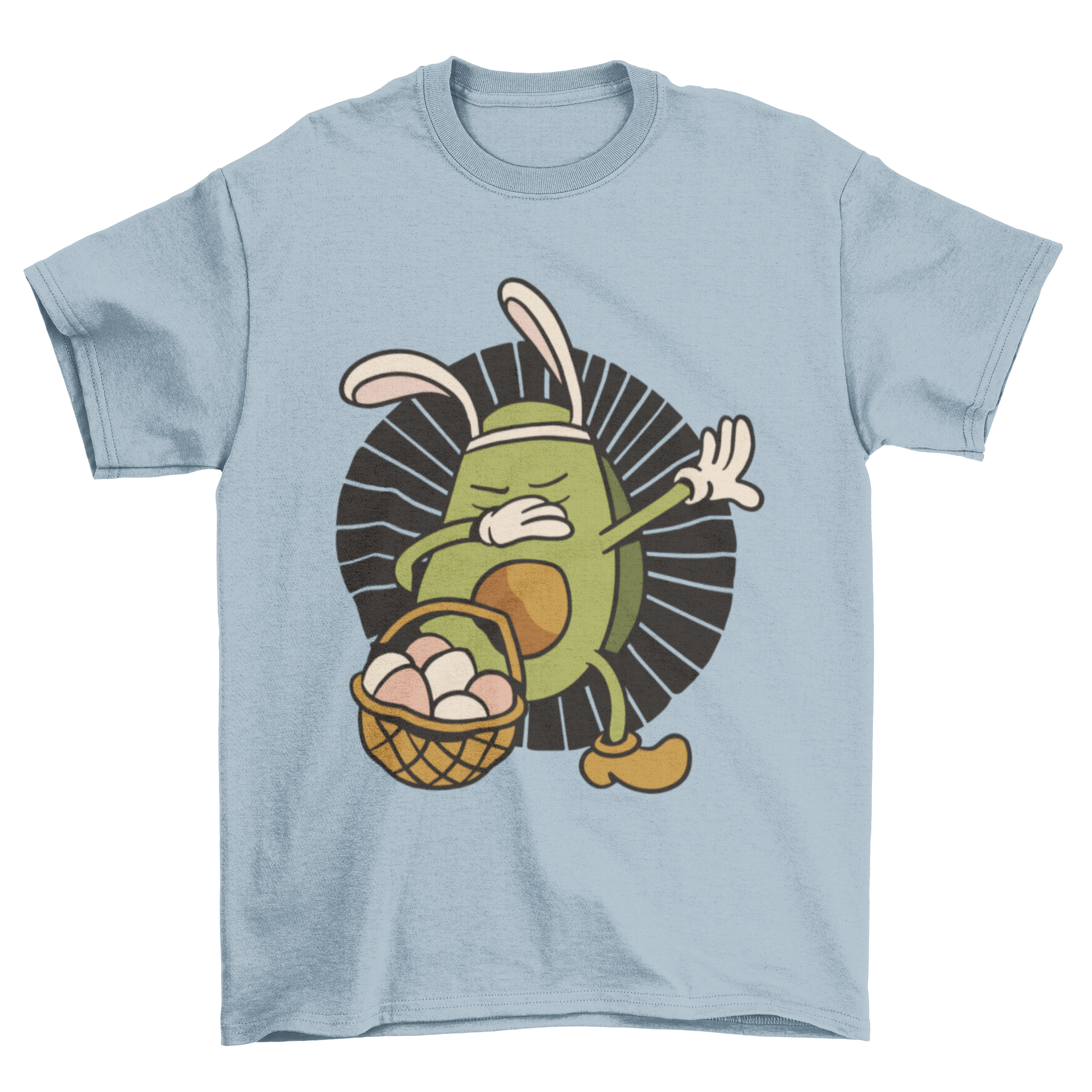 Funny t-shirt featuring a dabbing avocado with bunny ears and a basket of colorful Easter eggs.