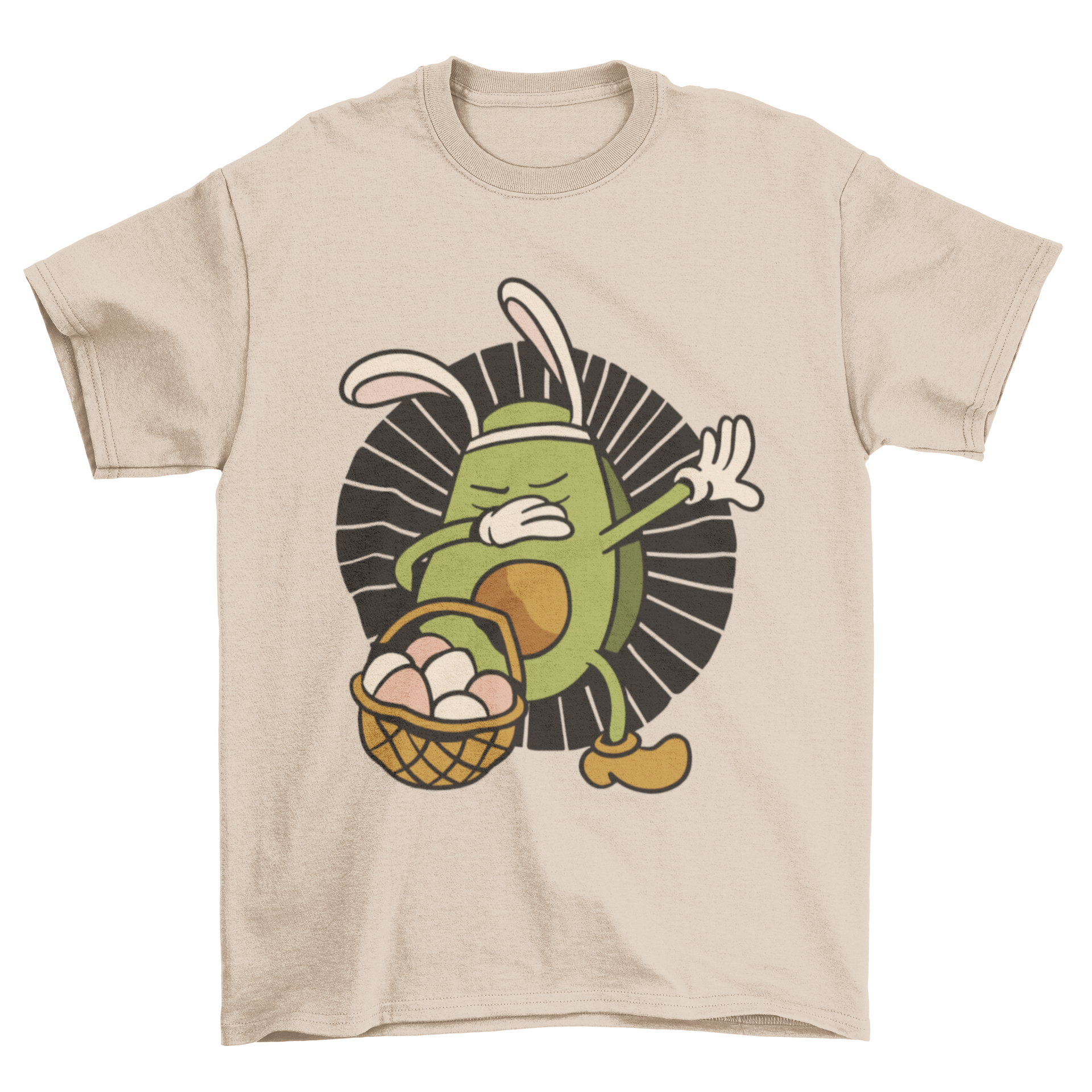 Funny t-shirt featuring a dabbing avocado with bunny ears and a basket of colorful Easter eggs.