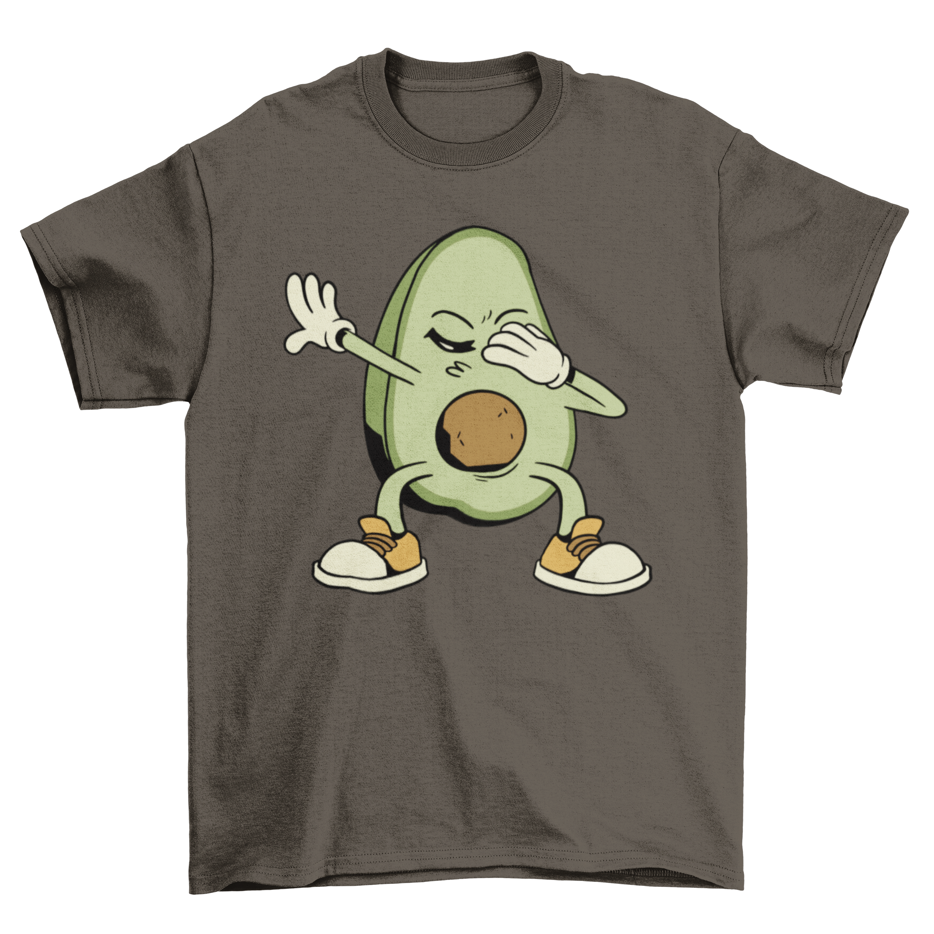 A stylish t-shirt featuring a playful dabbing avocado design, perfect for casual wear.