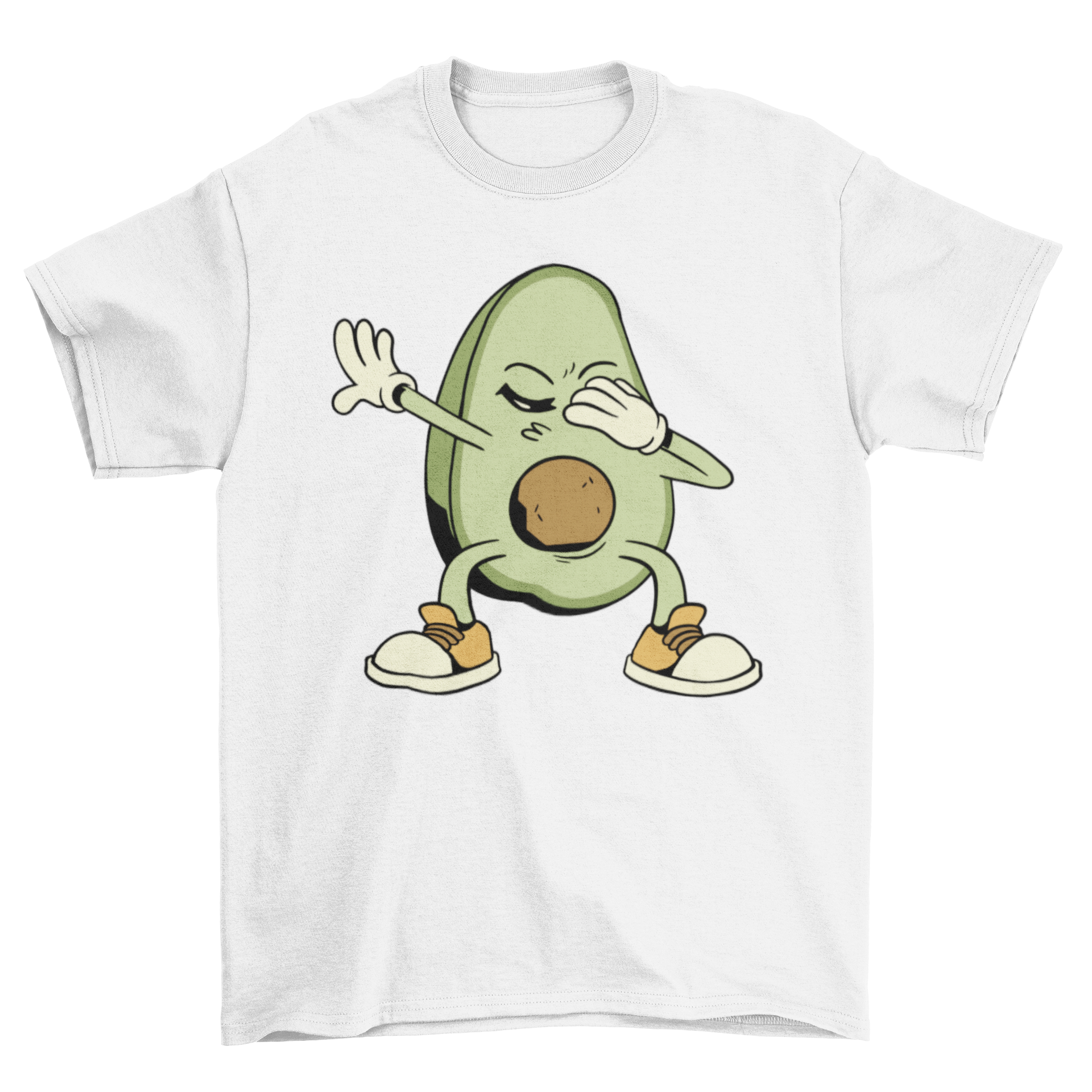 A stylish t-shirt featuring a playful dabbing avocado design, perfect for casual wear.