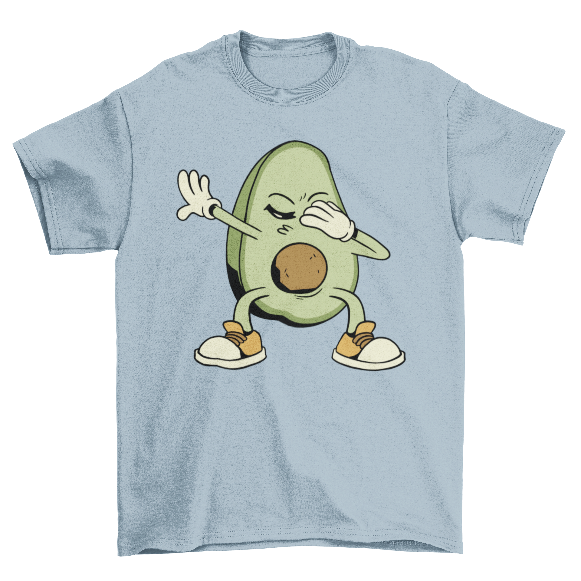 A stylish t-shirt featuring a playful dabbing avocado design, perfect for casual wear.