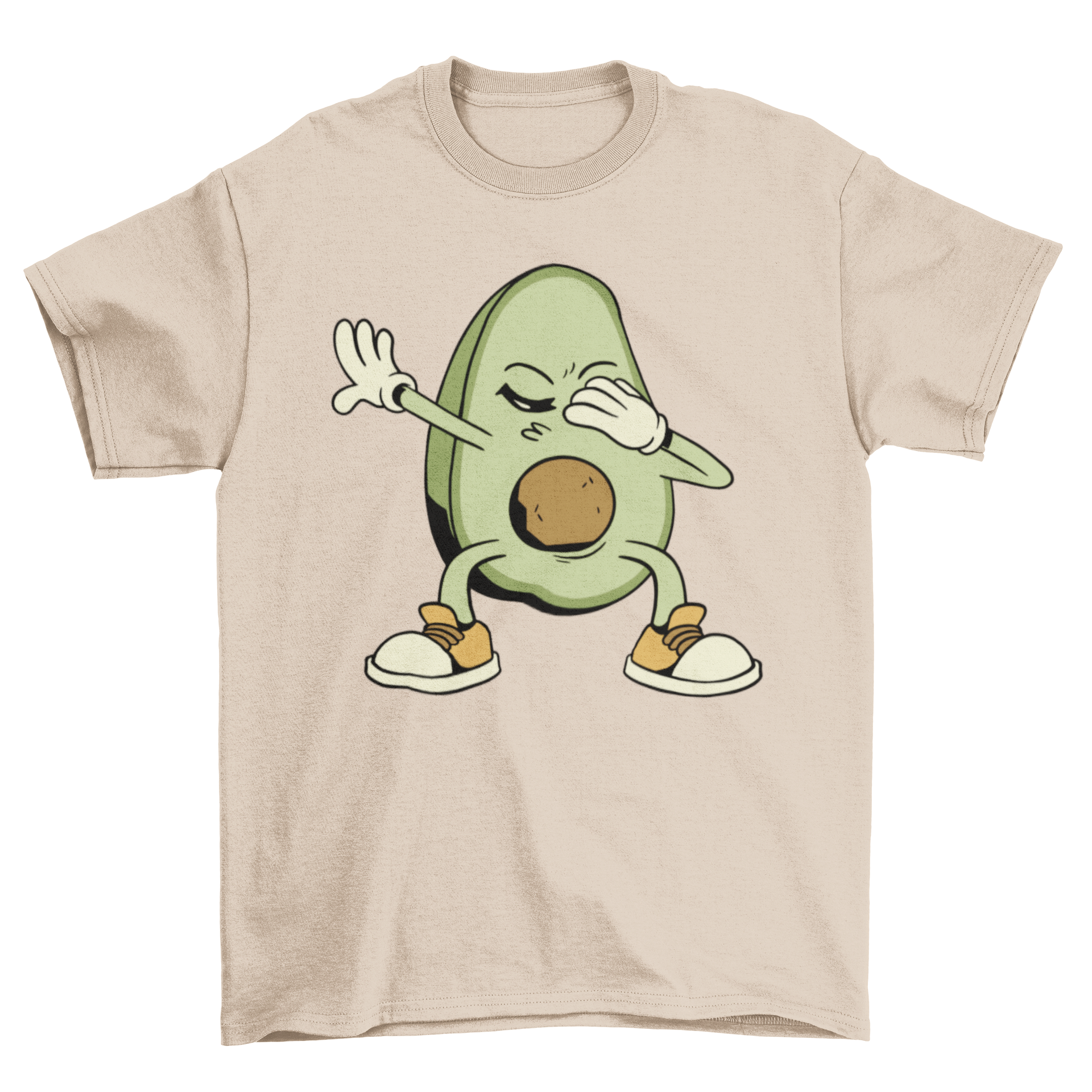 A stylish t-shirt featuring a playful dabbing avocado design, perfect for casual wear.