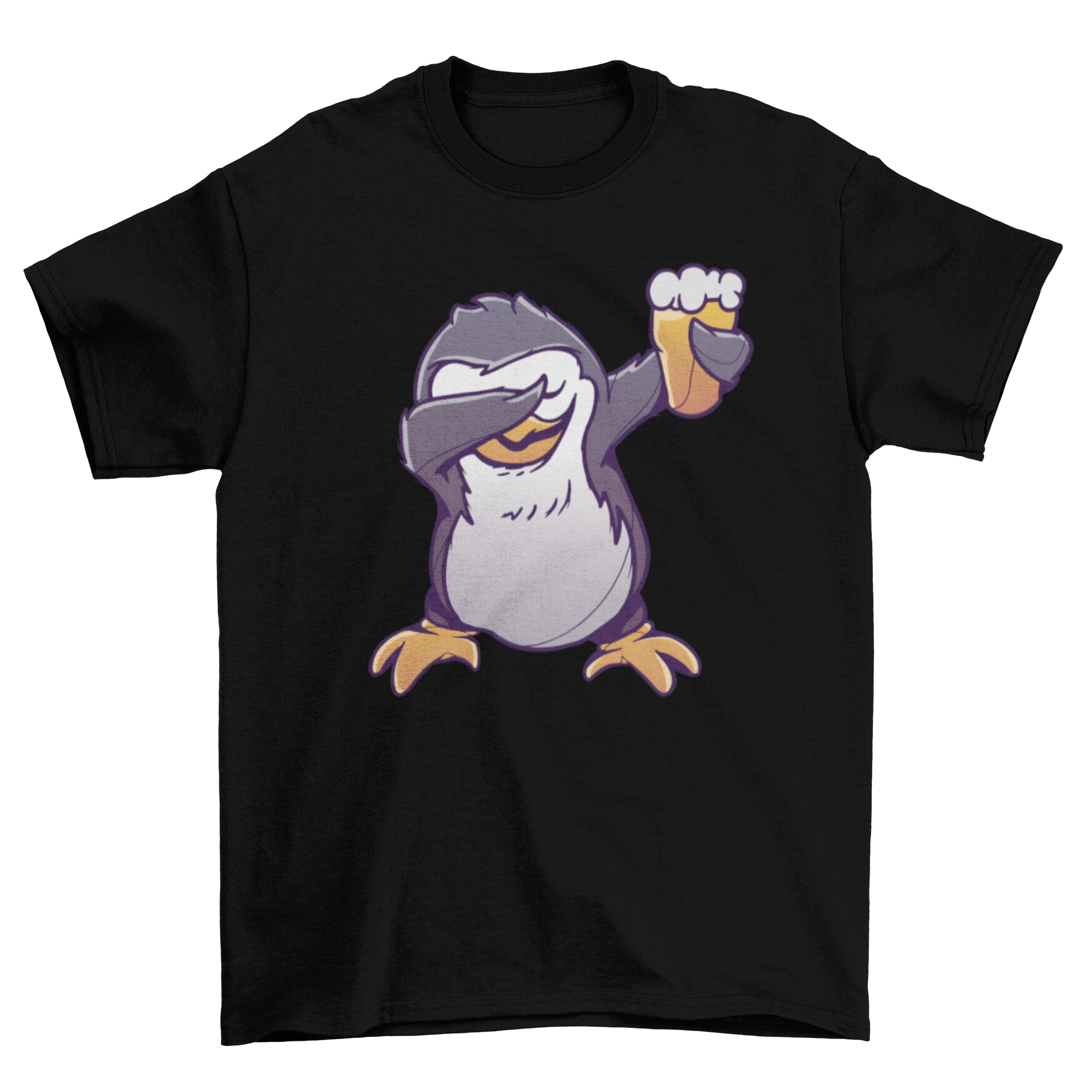 A humorous t-shirt featuring a cartoon penguin dabbing while holding a pint of beer, showcasing a fun and playful design.