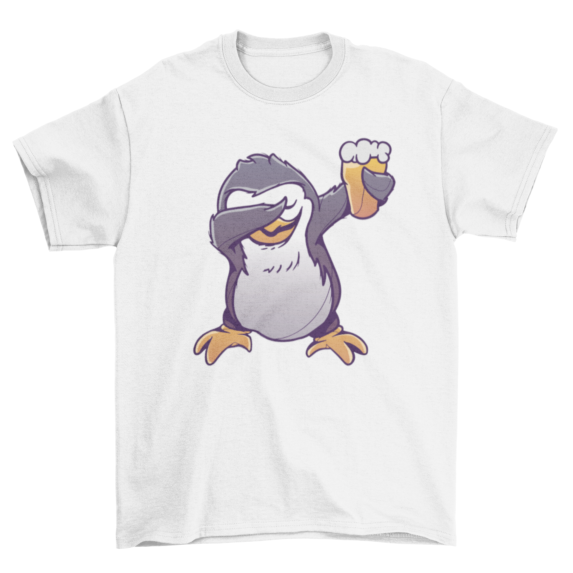 A humorous t-shirt featuring a cartoon penguin dabbing while holding a pint of beer, showcasing a fun and playful design.