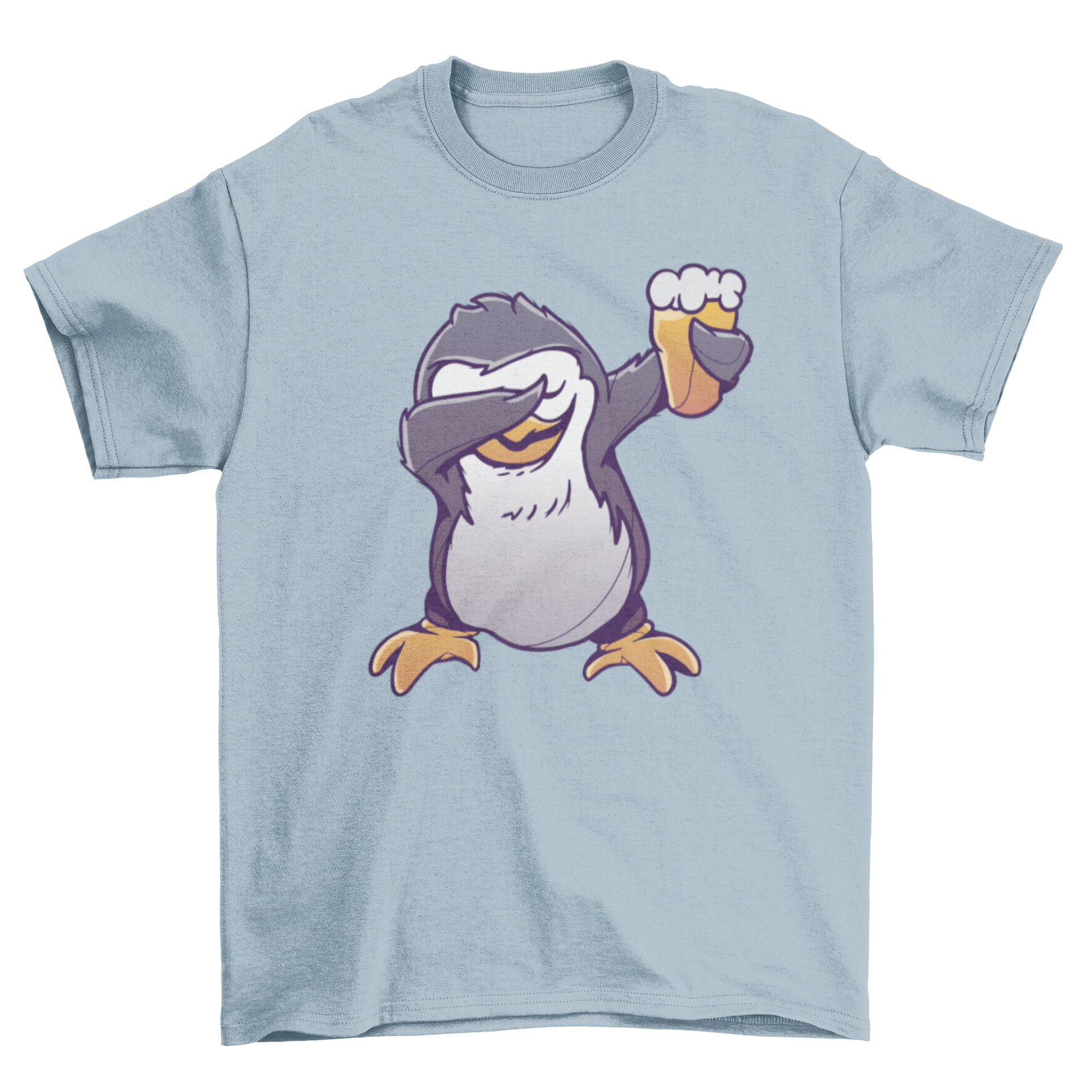 A humorous t-shirt featuring a cartoon penguin dabbing while holding a pint of beer, showcasing a fun and playful design.