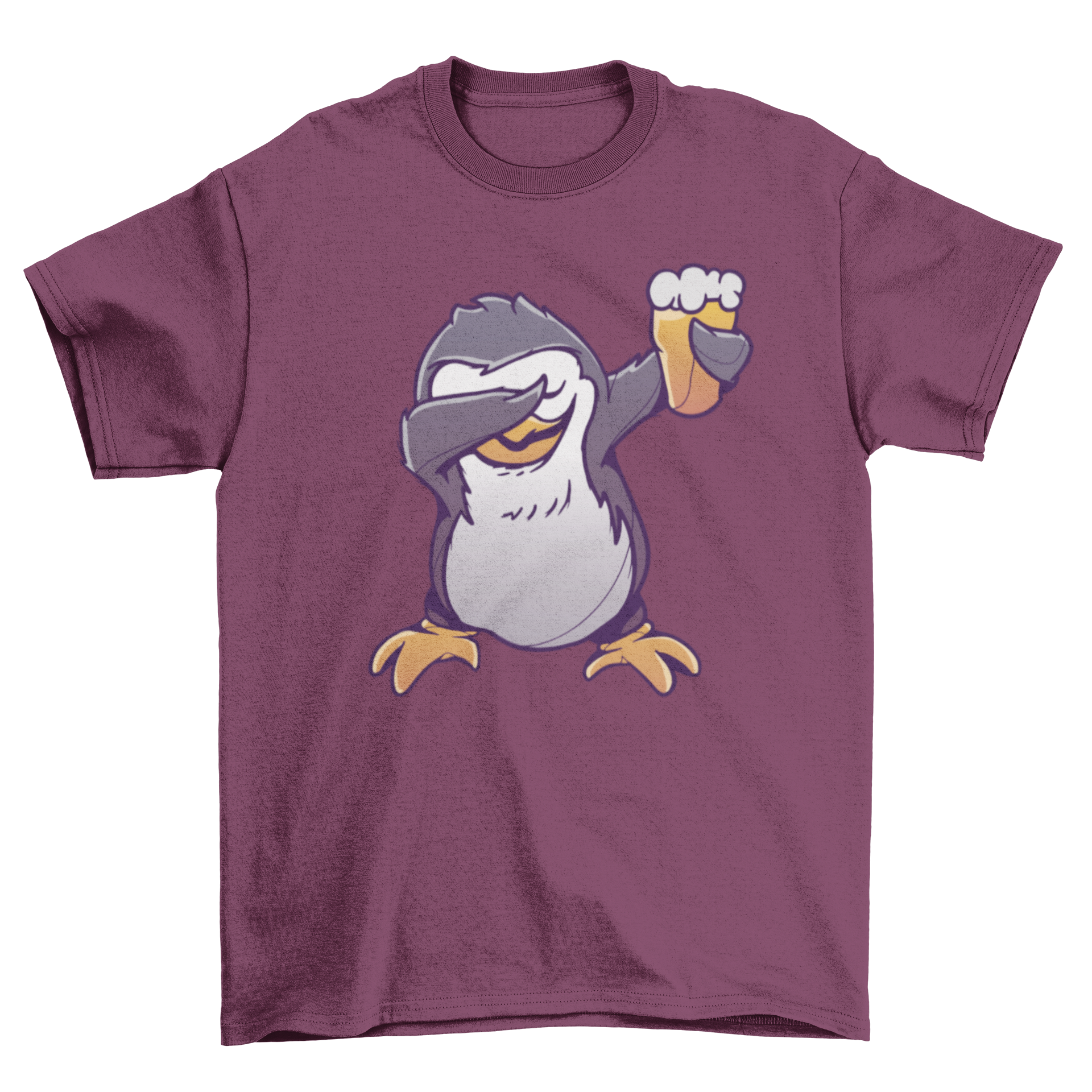 A humorous t-shirt featuring a cartoon penguin dabbing while holding a pint of beer, showcasing a fun and playful design.