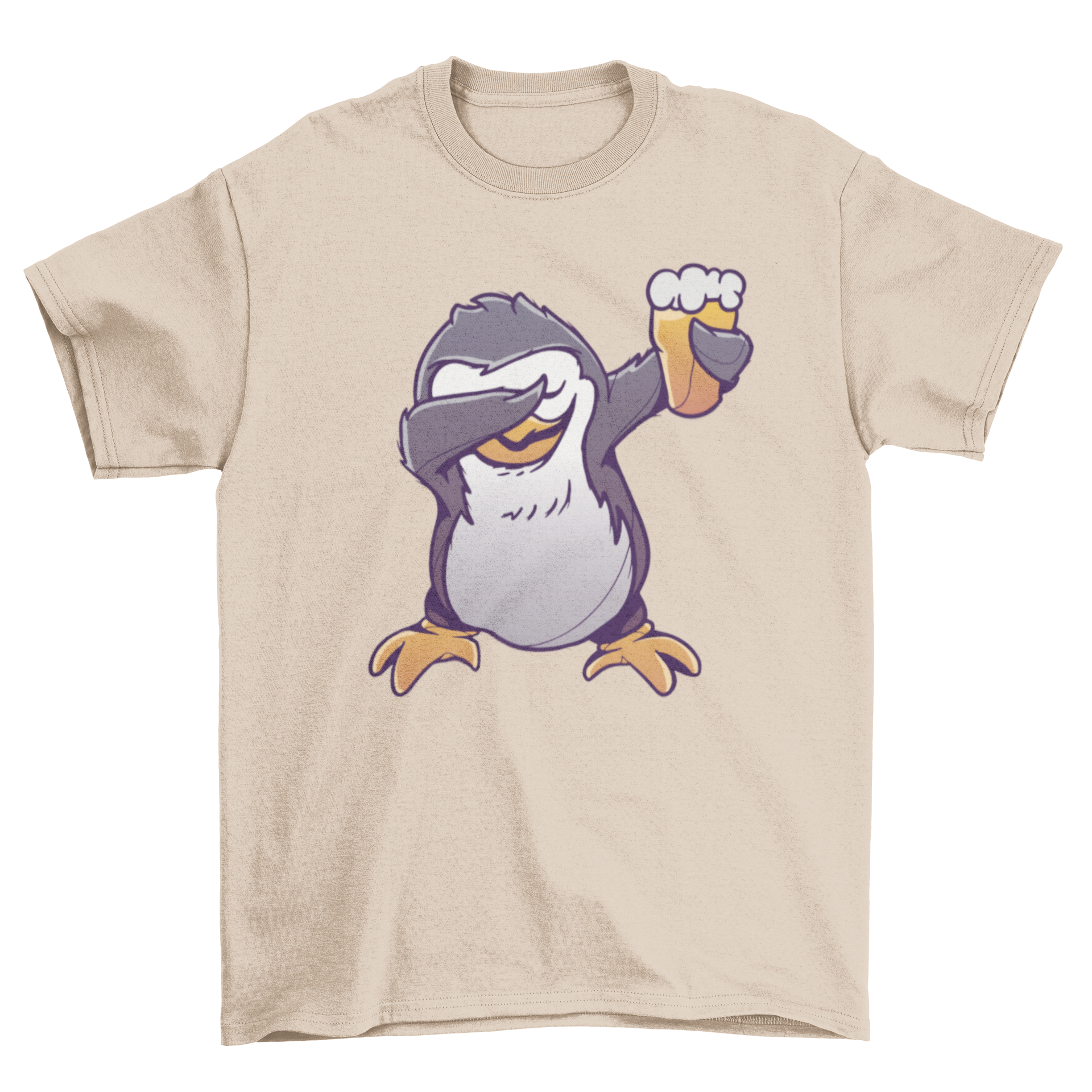 A humorous t-shirt featuring a cartoon penguin dabbing while holding a pint of beer, showcasing a fun and playful design.