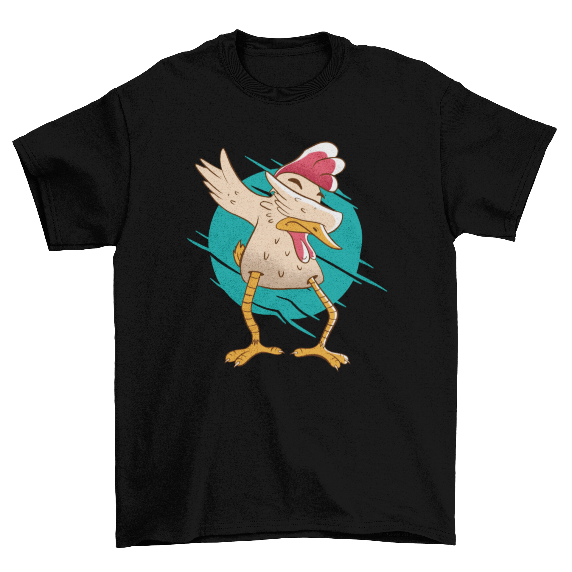 A colorful T-shirt design featuring a cartoon chicken in a dabbing pose, perfect for various merchandise.