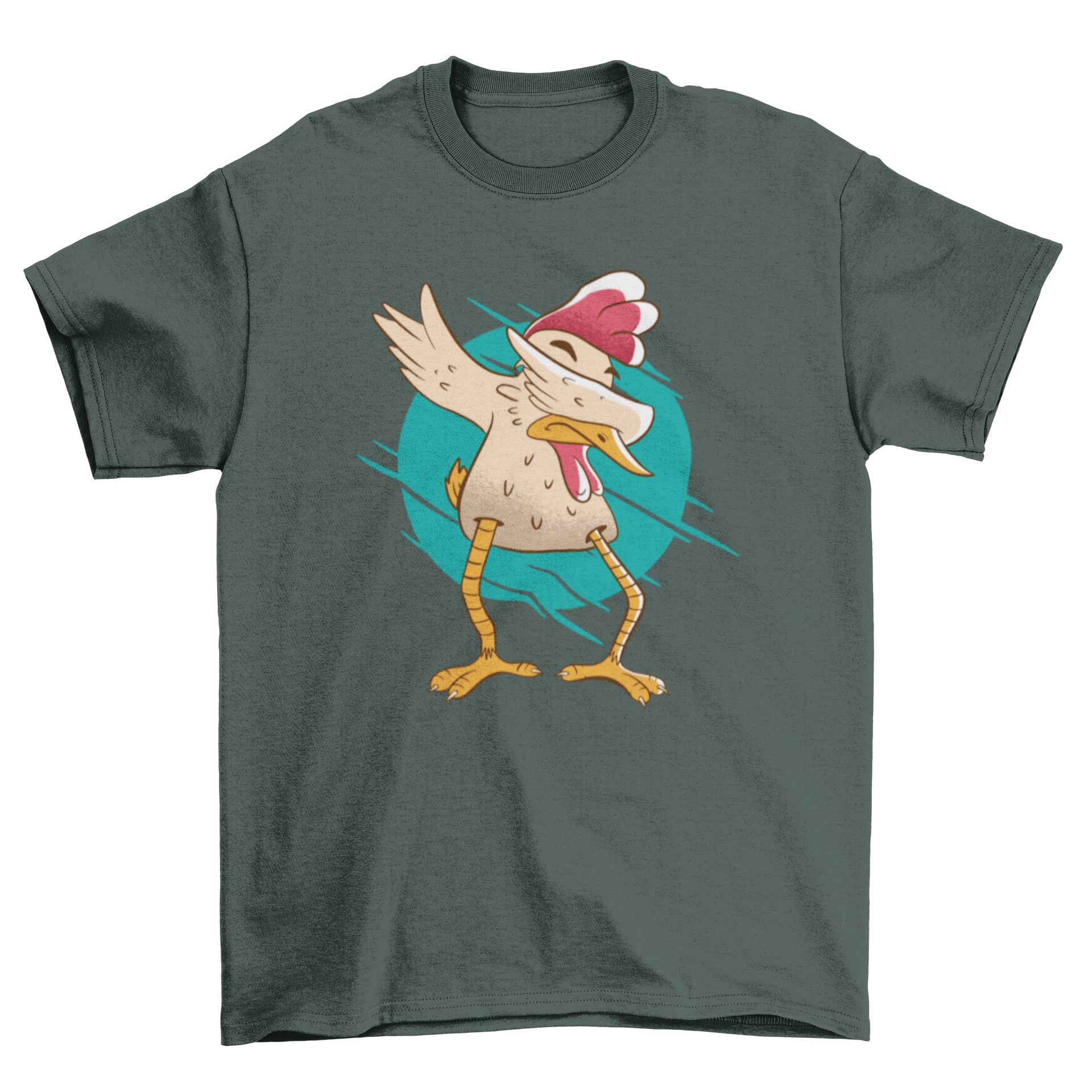 A colorful T-shirt design featuring a cartoon chicken in a dabbing pose, perfect for various merchandise.