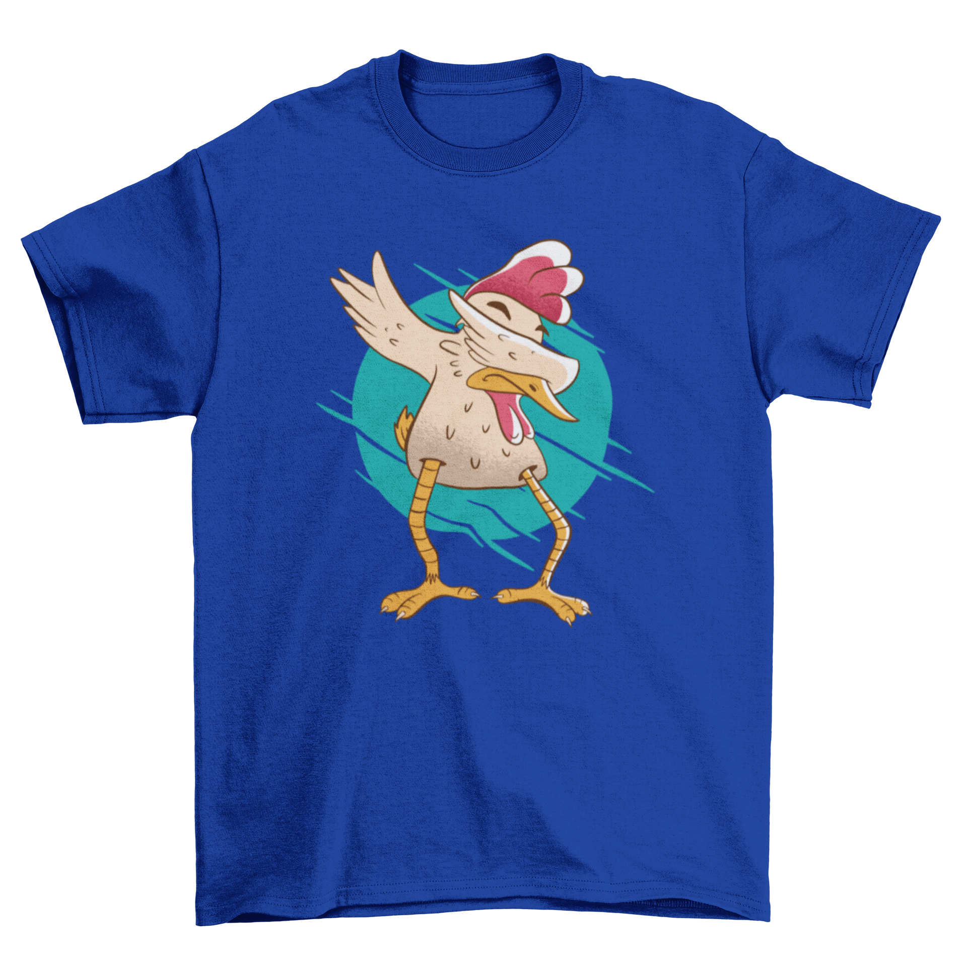 A colorful T-shirt design featuring a cartoon chicken in a dabbing pose, perfect for various merchandise.