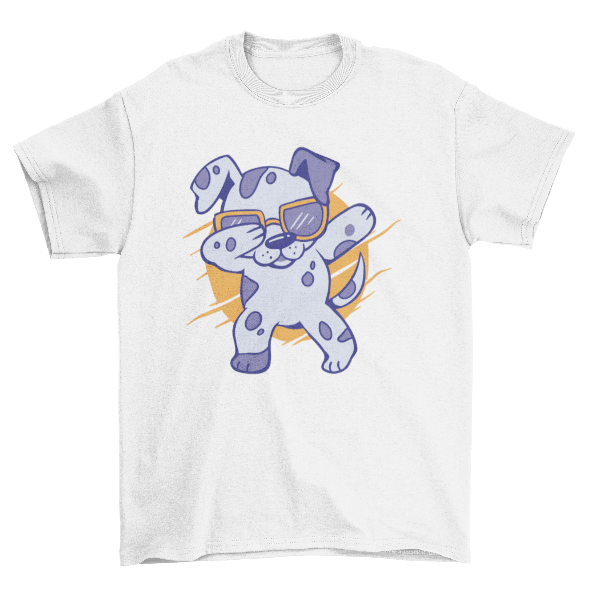 A playful dabbing dalmatian dog character on a t-shirt, showcasing a fun and trendy design.