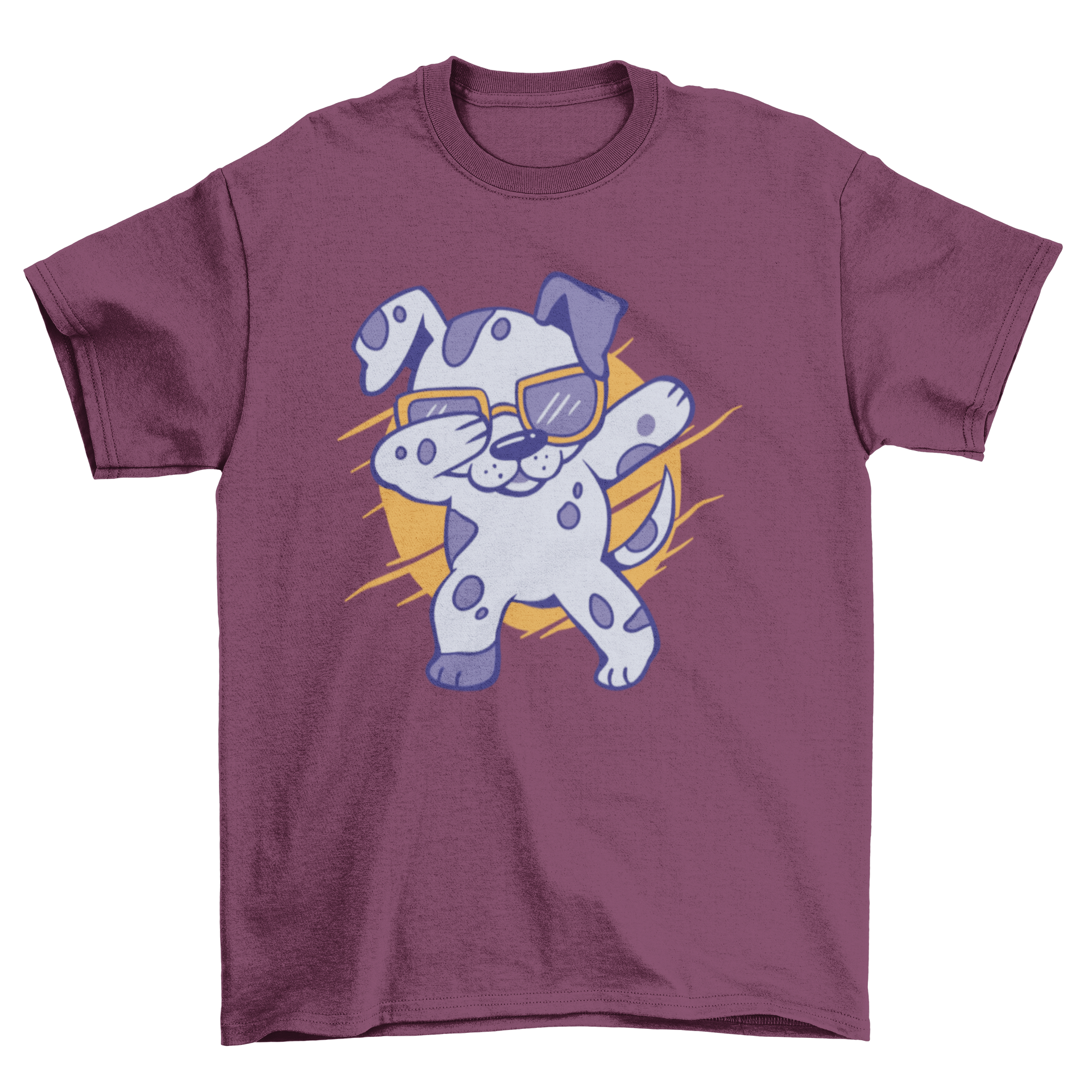 A playful dabbing dalmatian dog character on a t-shirt, showcasing a fun and trendy design.