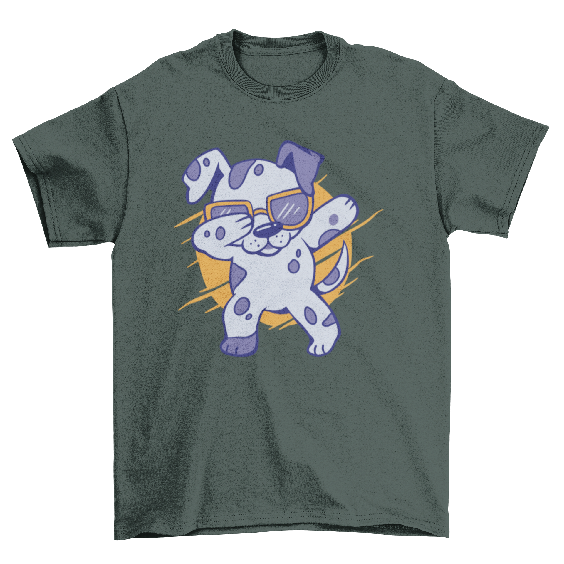 A playful dabbing dalmatian dog character on a t-shirt, showcasing a fun and trendy design.