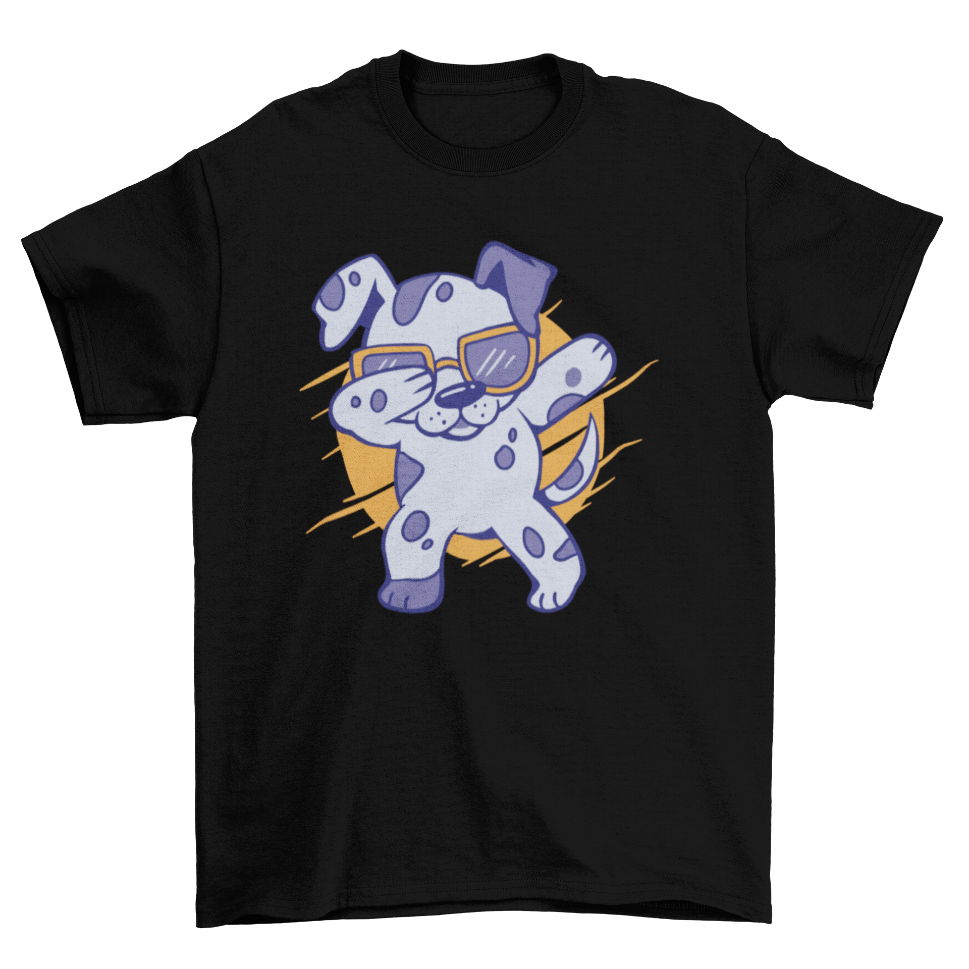 A playful dabbing dalmatian dog character on a t-shirt, showcasing a fun and trendy design.