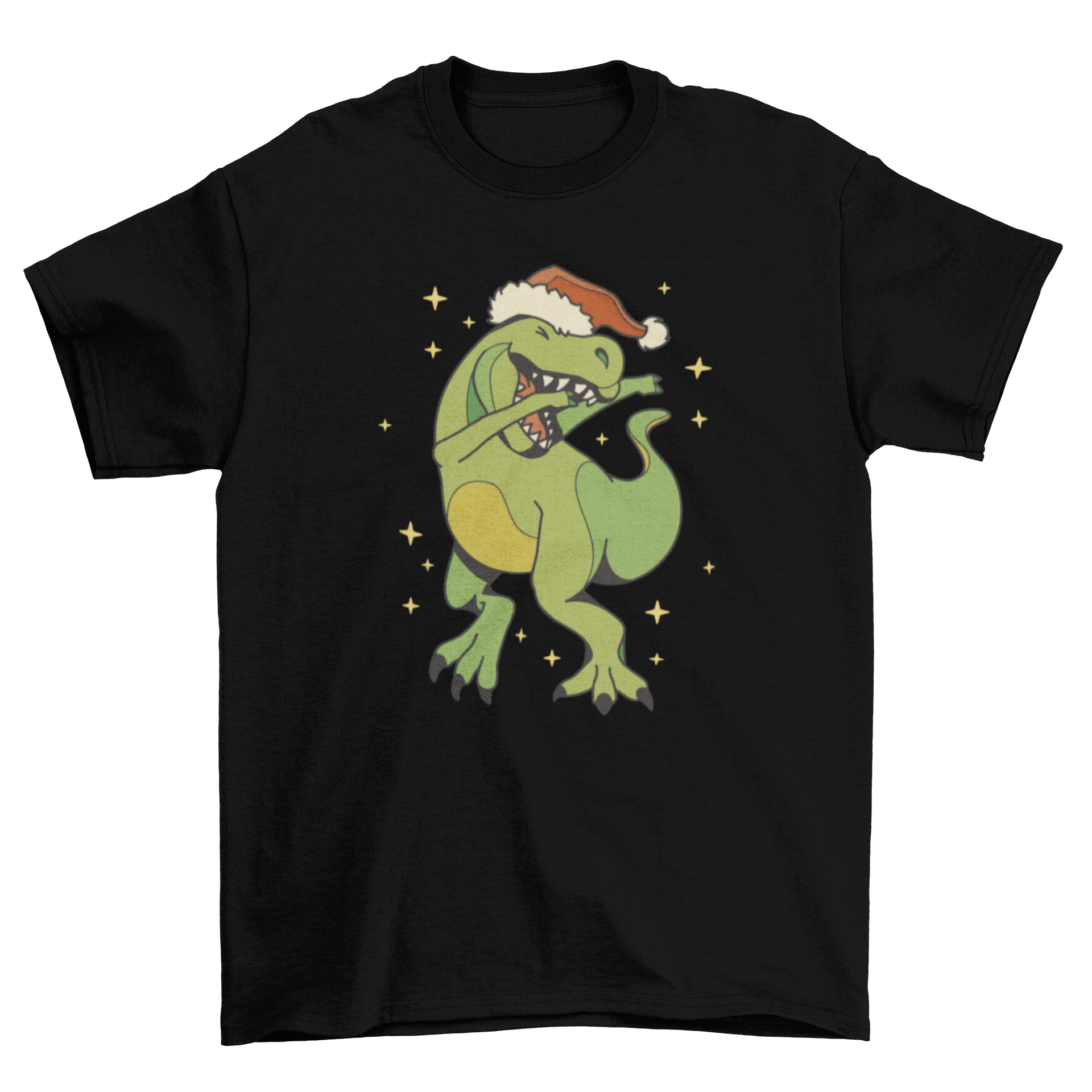 A festive t-shirt featuring a dinosaur wearing a Christmas hat and dabbing, perfect for holiday celebrations.