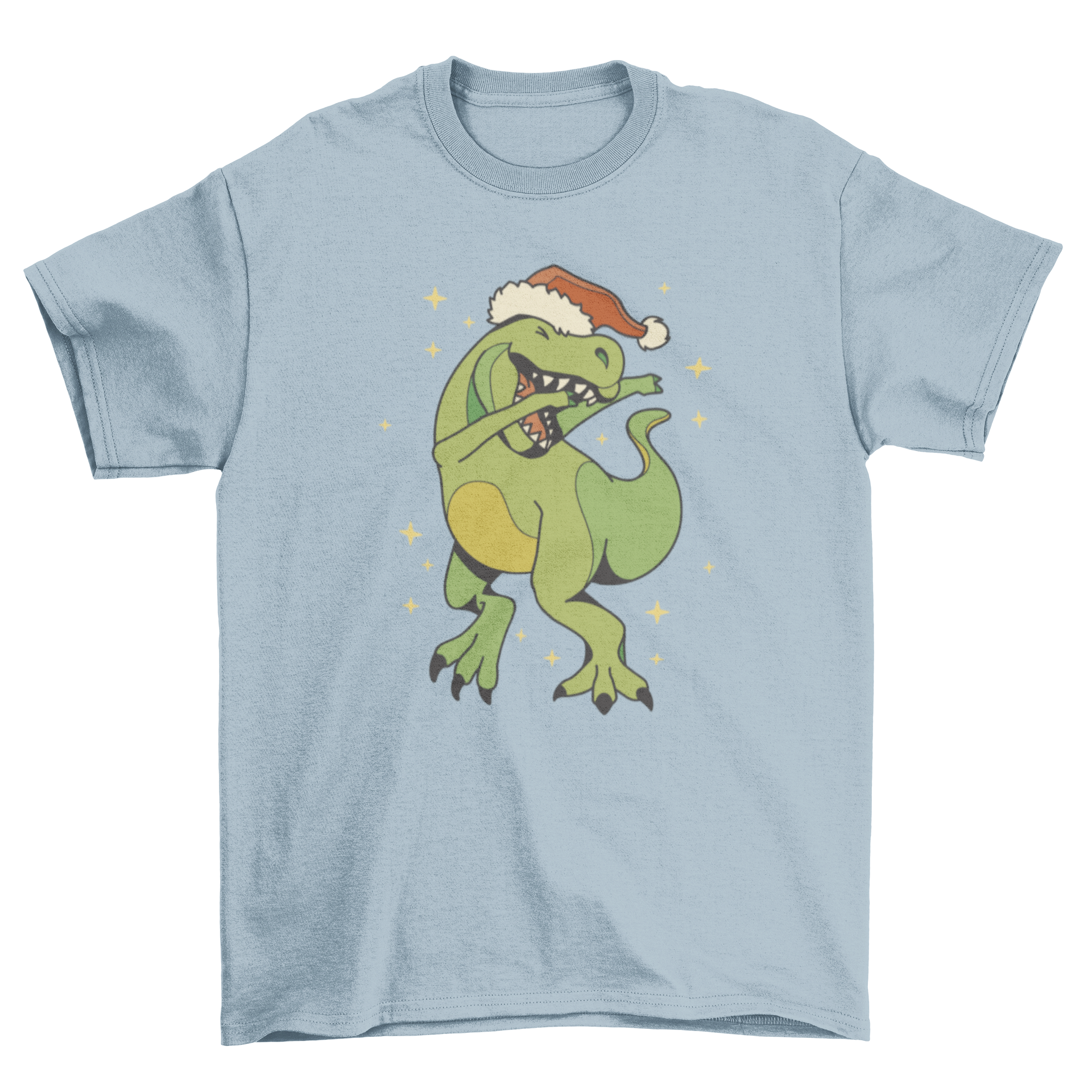 A festive t-shirt featuring a dinosaur wearing a Christmas hat and dabbing, perfect for holiday celebrations.