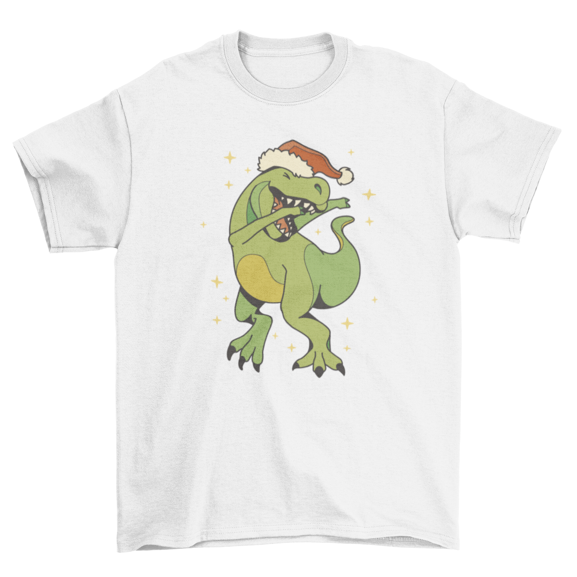 A festive t-shirt featuring a dinosaur wearing a Christmas hat and dabbing, perfect for holiday celebrations.