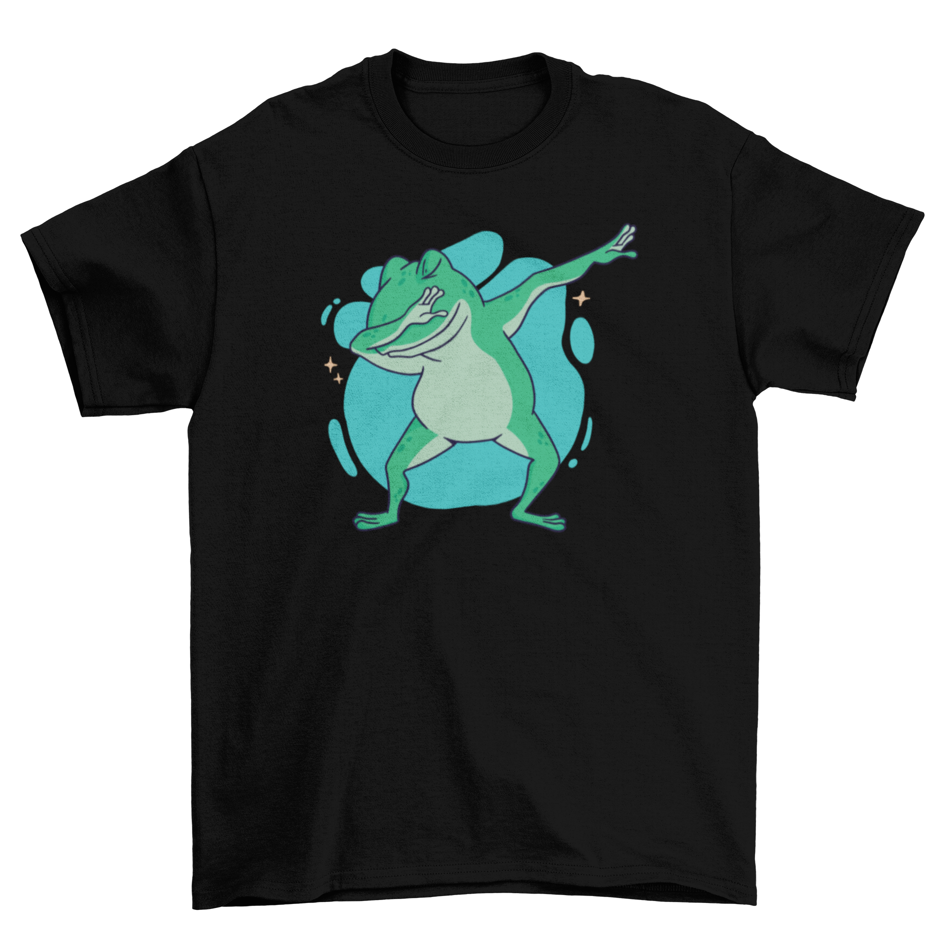 A vibrant cartoon t-shirt featuring a dabbing frog design, showcasing a playful and fun style.