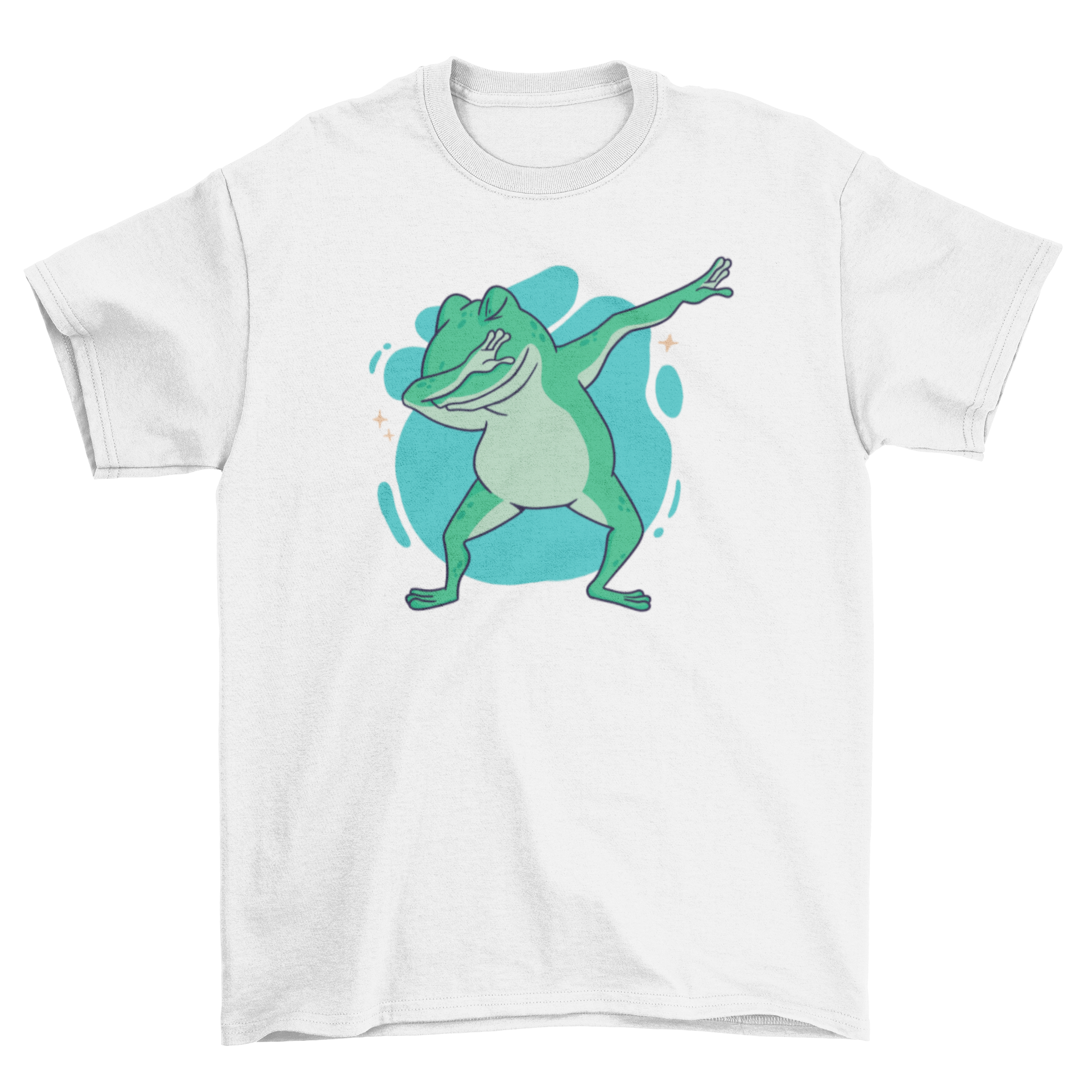 A vibrant cartoon t-shirt featuring a dabbing frog design, showcasing a playful and fun style.