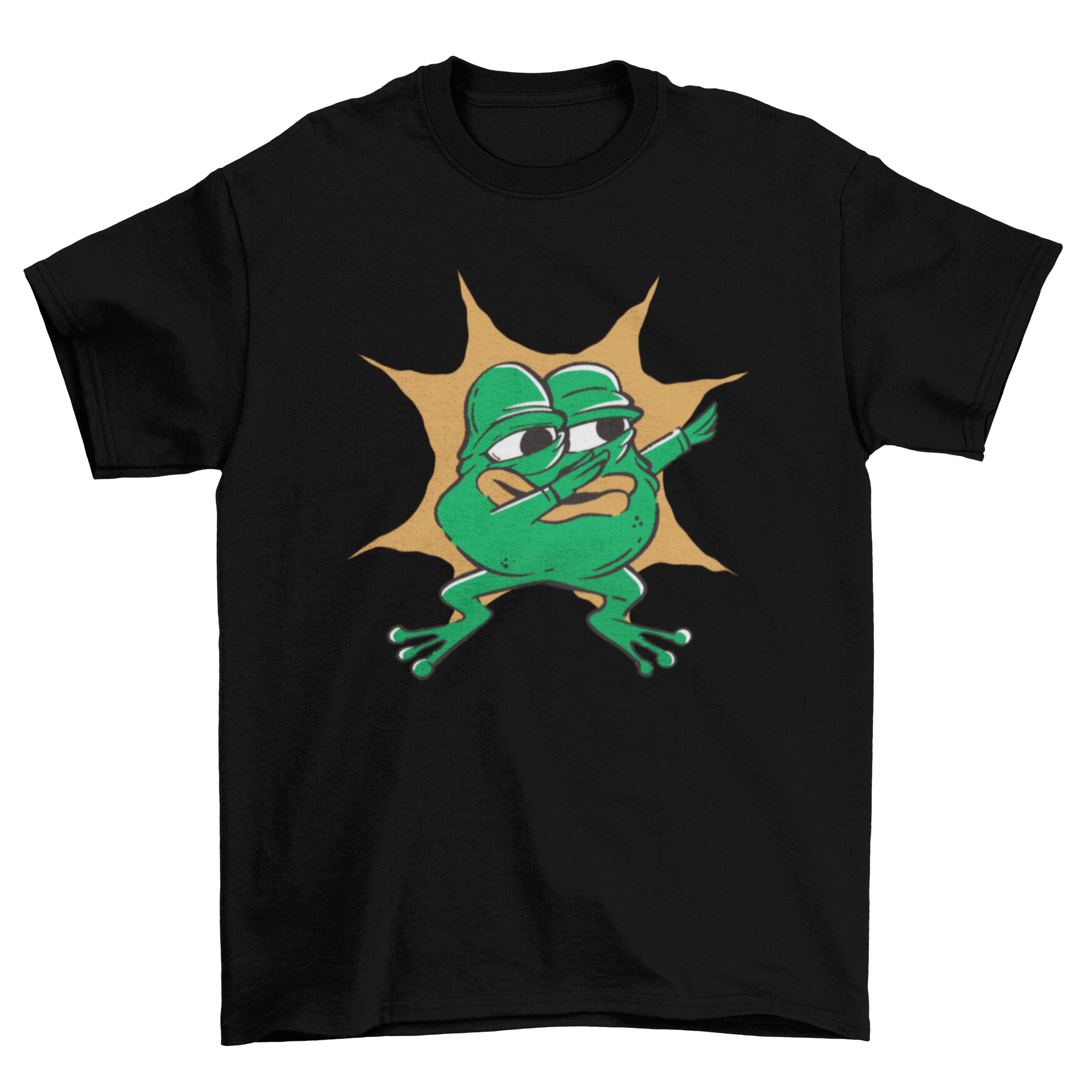 A humorous t-shirt featuring a cartoon frog dabbing, showcasing vibrant colors and a fun design.