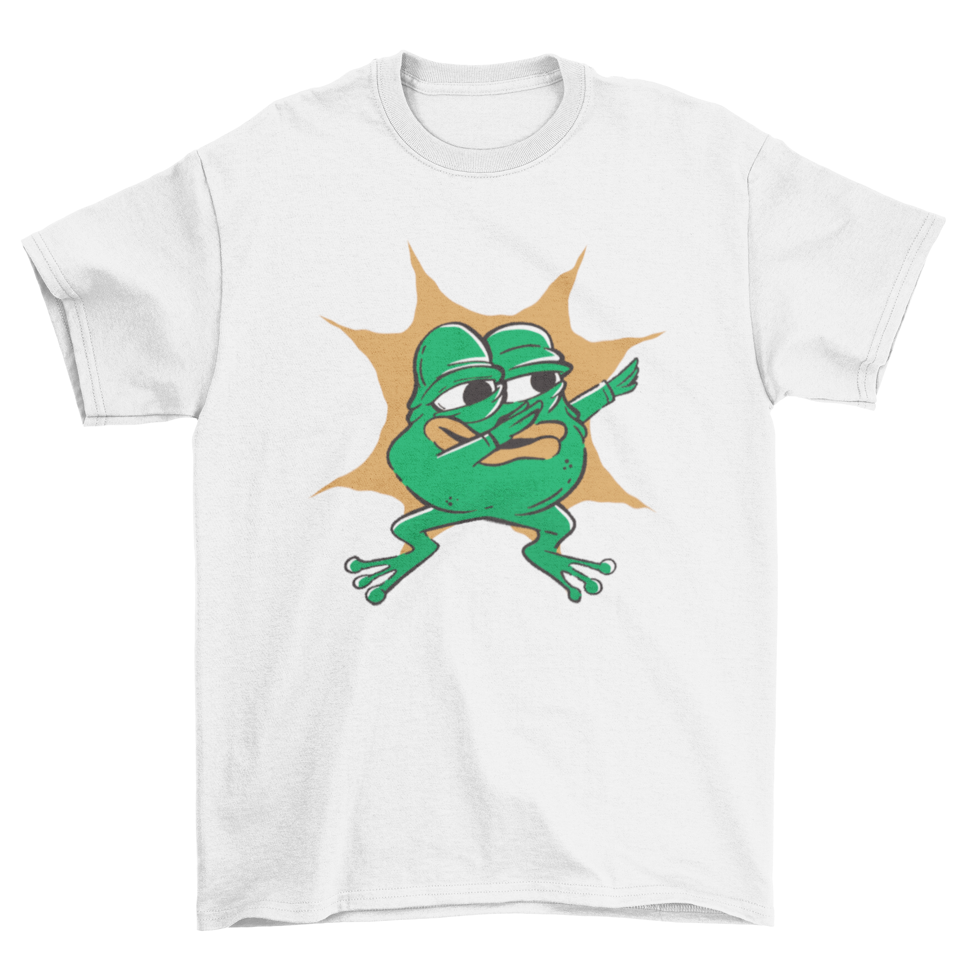 A humorous t-shirt featuring a cartoon frog dabbing, showcasing vibrant colors and a fun design.