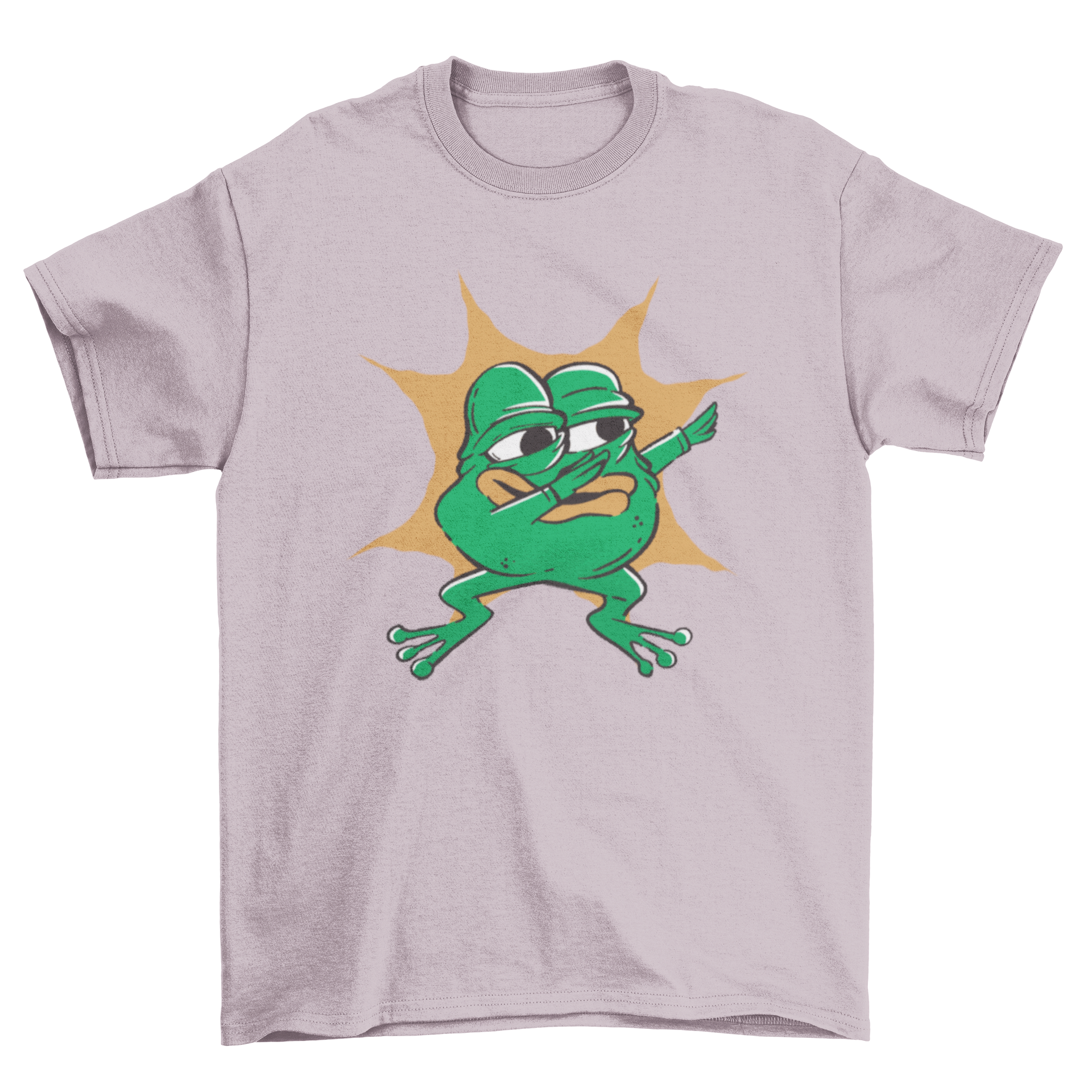 A humorous t-shirt featuring a cartoon frog dabbing, showcasing vibrant colors and a fun design.