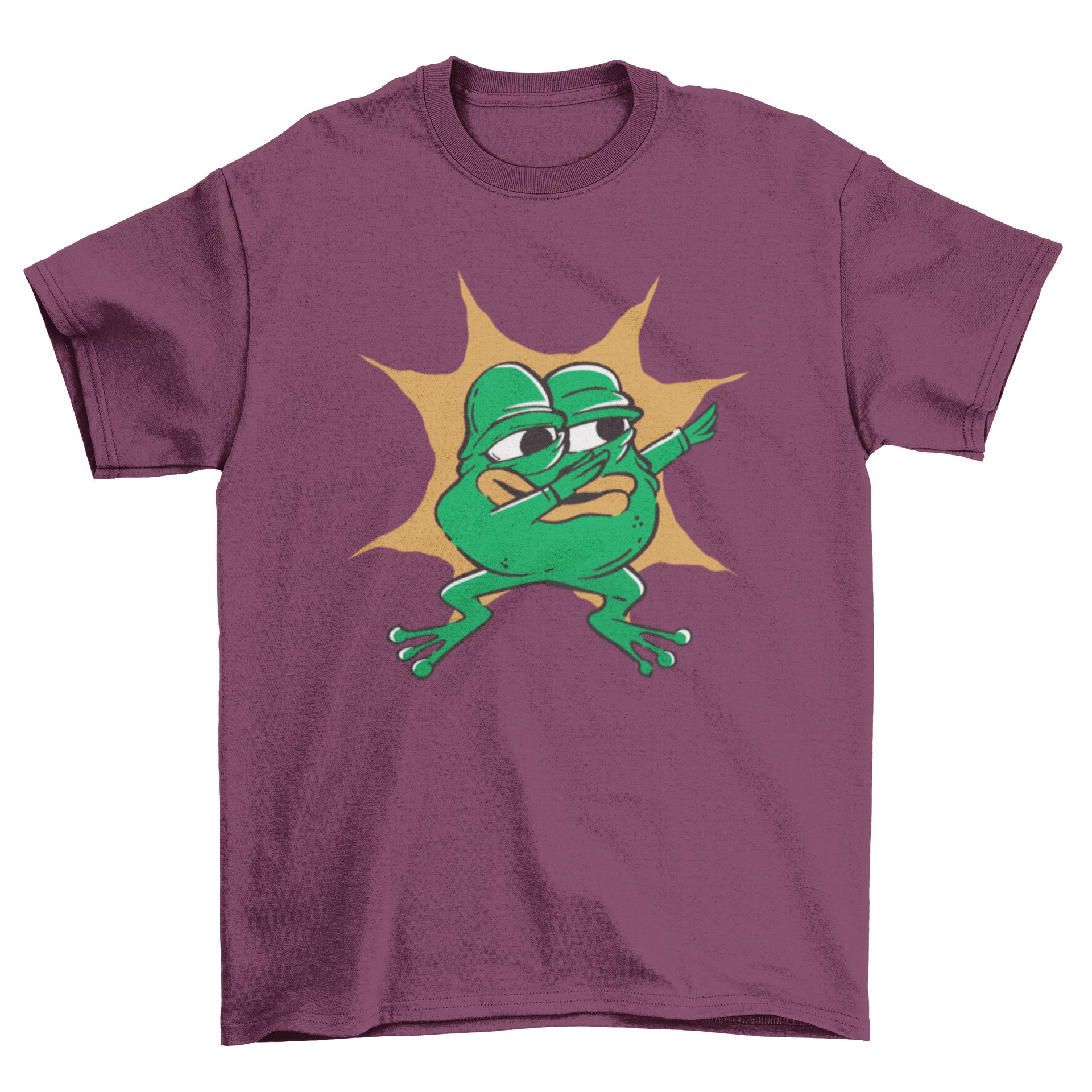 A humorous t-shirt featuring a cartoon frog dabbing, showcasing vibrant colors and a fun design.