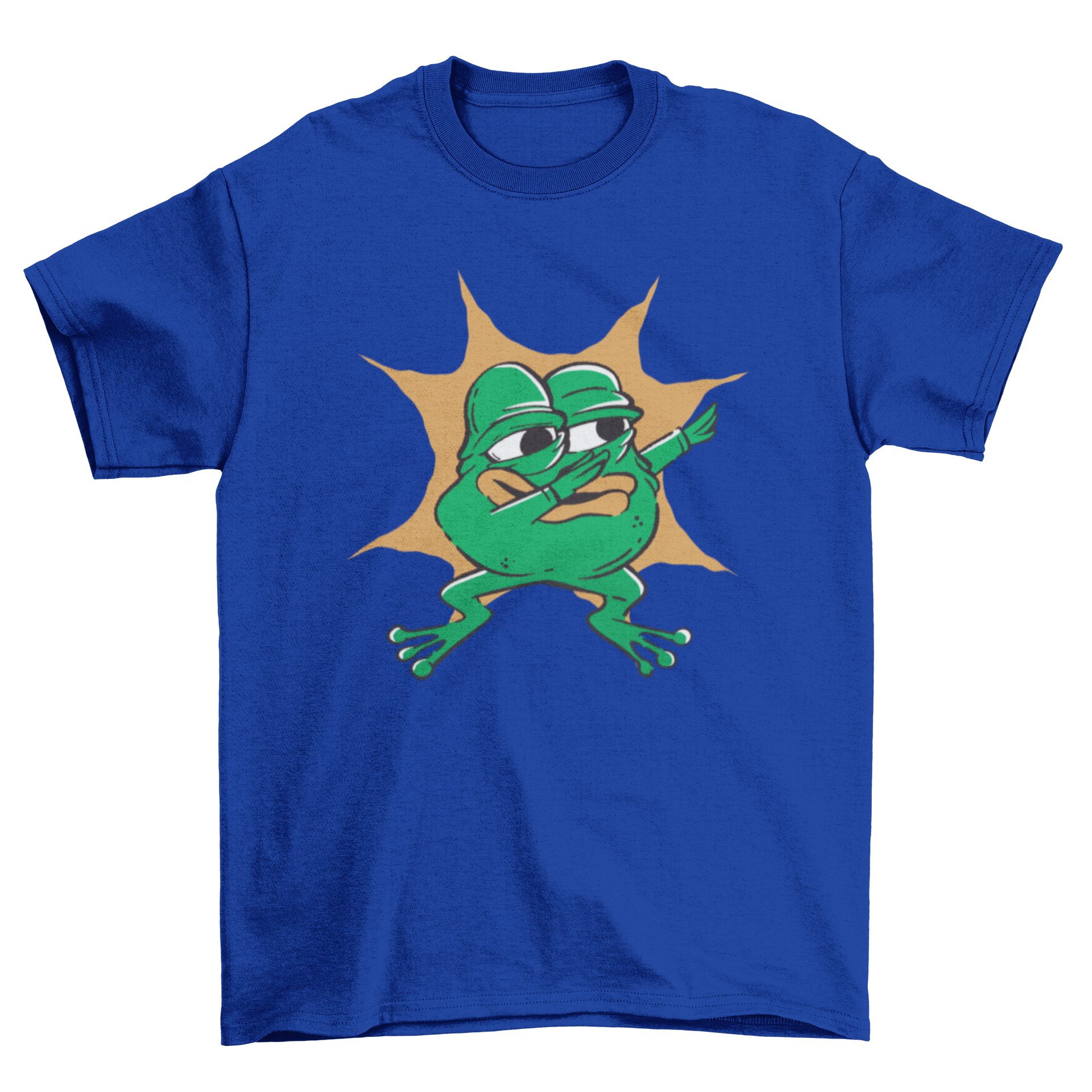 A humorous t-shirt featuring a cartoon frog dabbing, showcasing vibrant colors and a fun design.