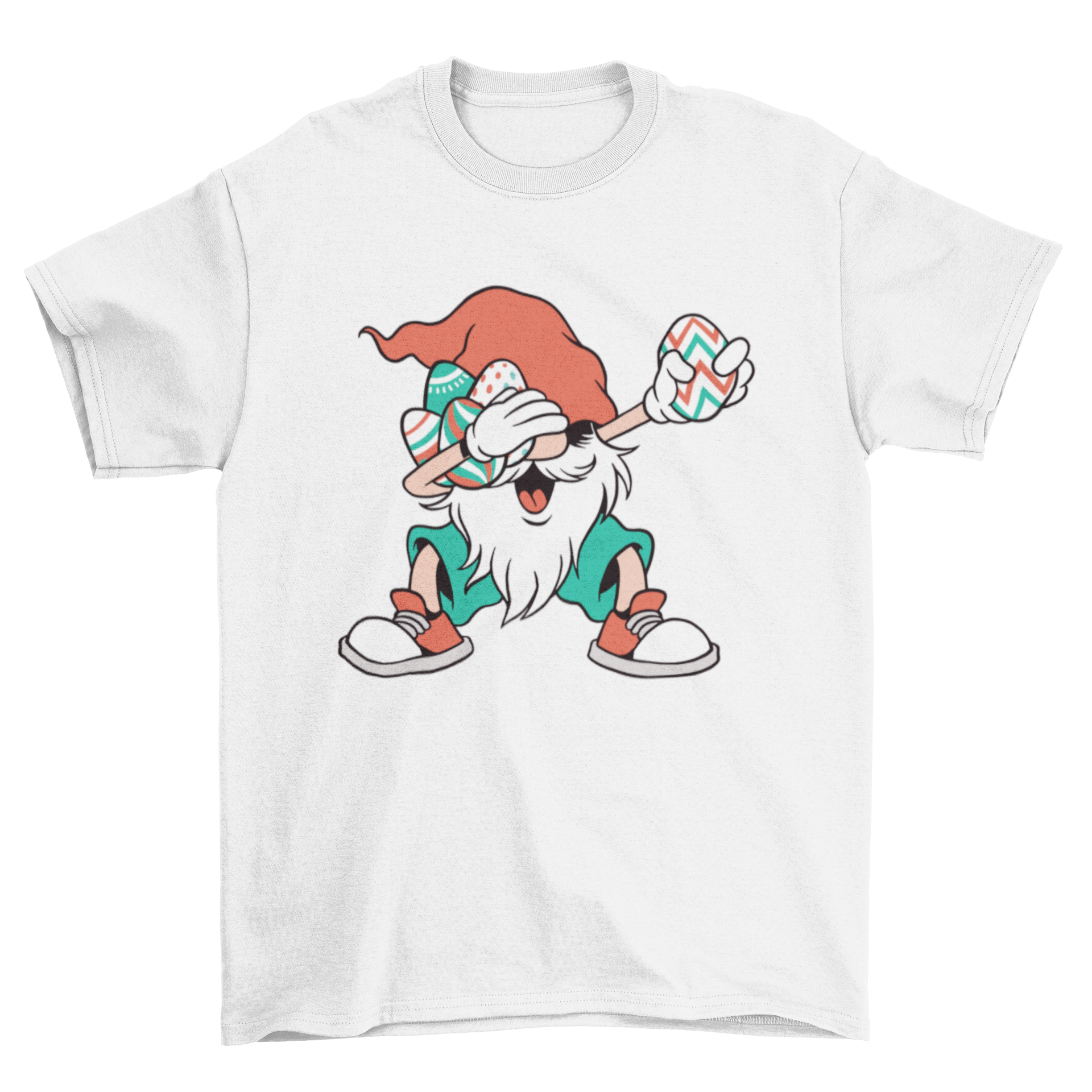 A colorful t-shirt featuring a dabbing gnome holding Easter eggs, showcasing a playful and festive design.