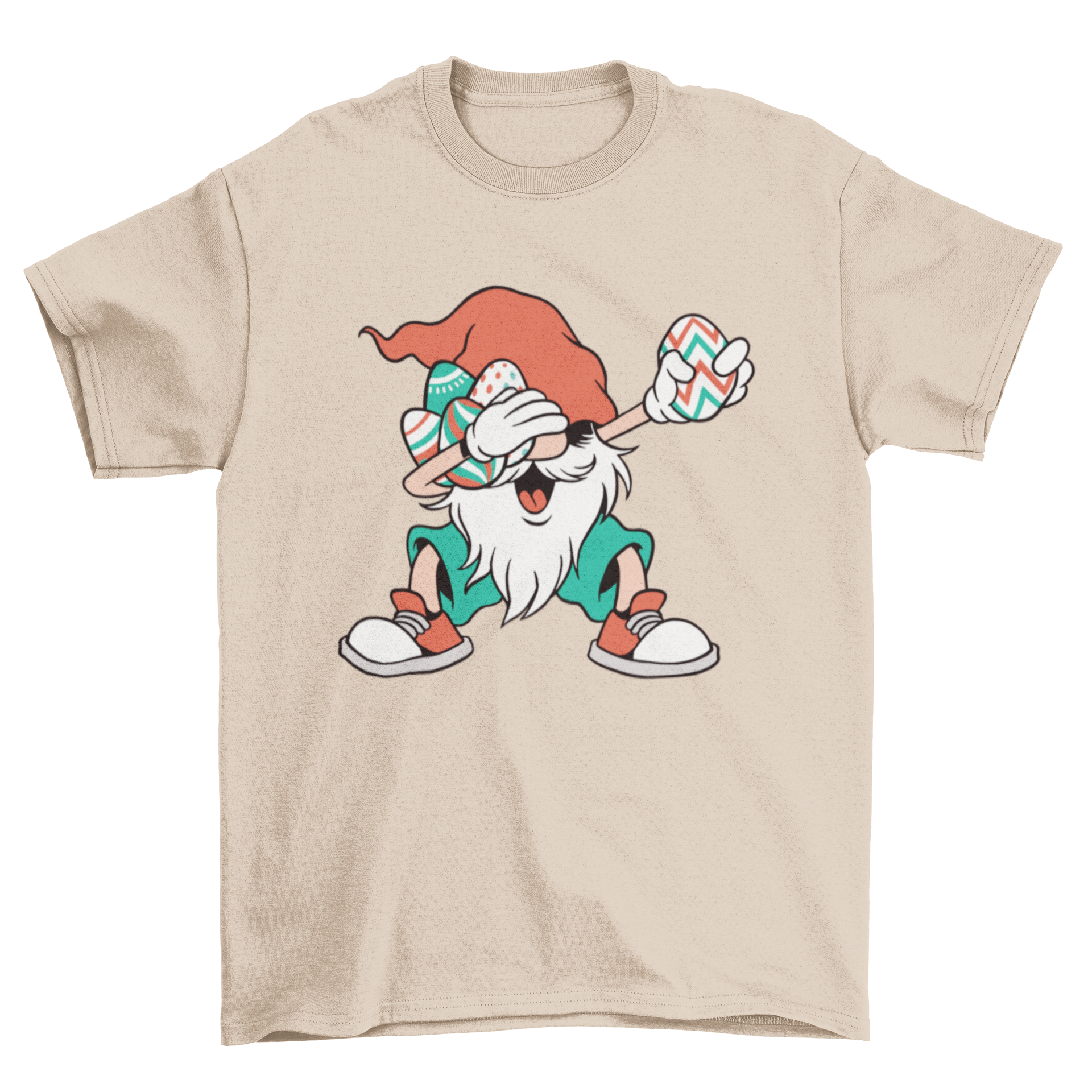 A colorful t-shirt featuring a dabbing gnome holding Easter eggs, showcasing a playful and festive design.