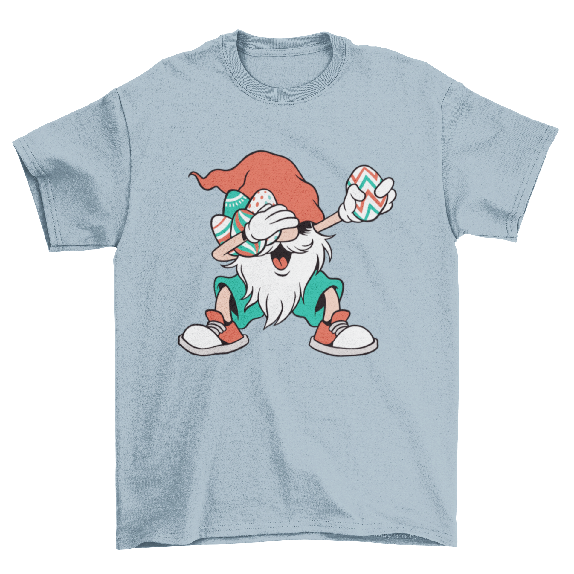 A colorful t-shirt featuring a dabbing gnome holding Easter eggs, showcasing a playful and festive design.