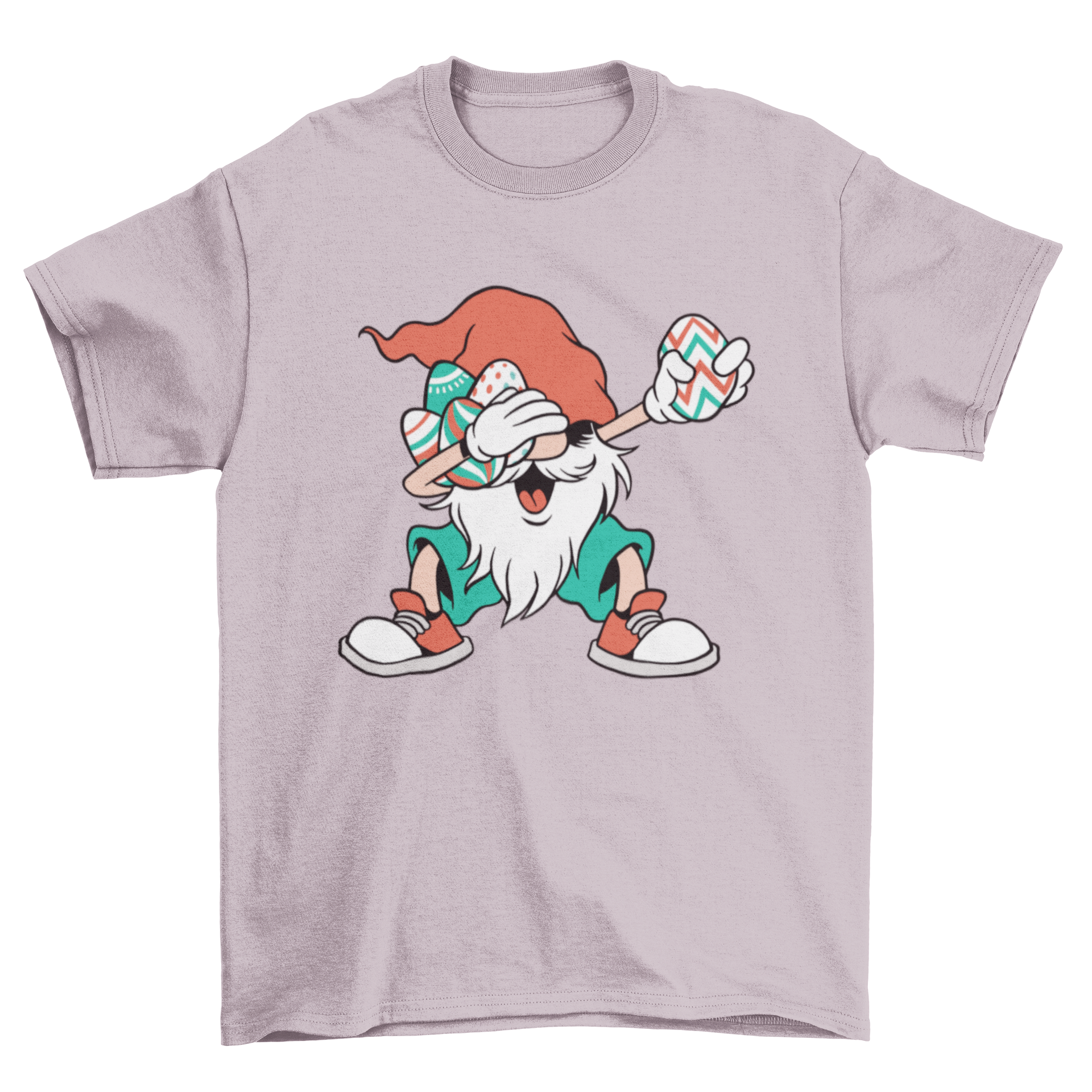 A colorful t-shirt featuring a dabbing gnome holding Easter eggs, showcasing a playful and festive design.