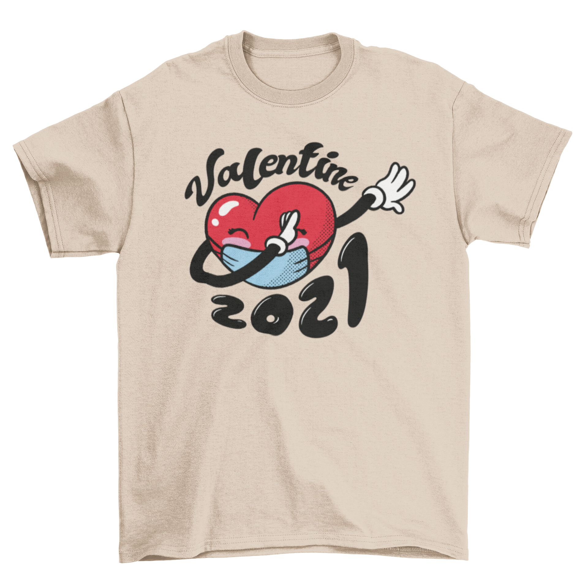 A colorful t-shirt featuring a heart wearing a face mask and dabbing, with the quote 'Valentine 2021'.