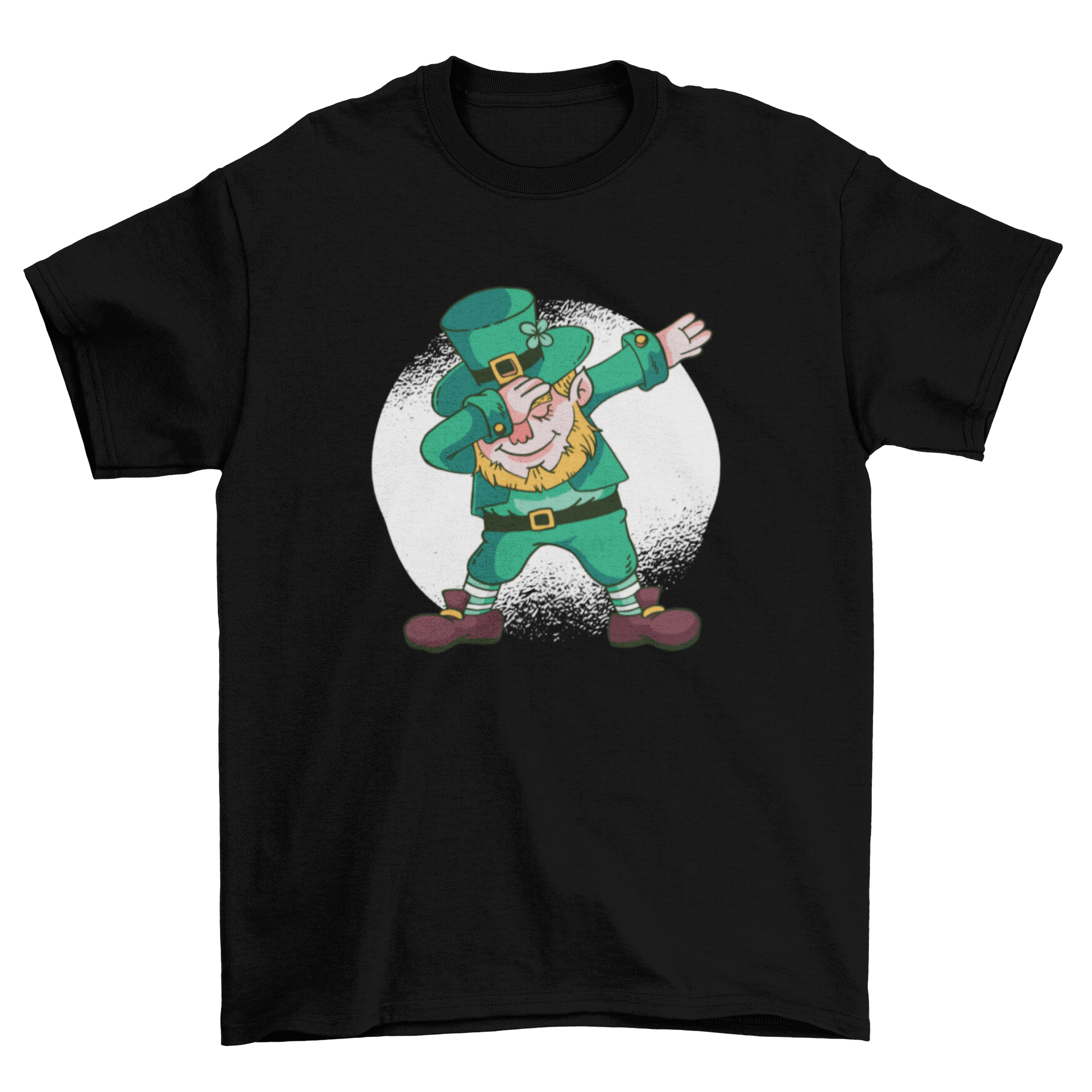 A vibrant green t-shirt featuring a dabbing leprechaun character, perfect for St. Patrick's Day celebrations.